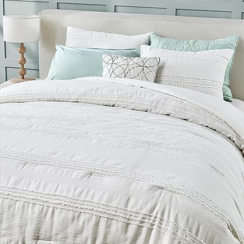 Miniatura 4 de Wonderful Juego de edredón blanco tamaño Queen, edredón de algodón a rayas jacquard recortado ligero con fundas de almohada, juego de ropa de cama