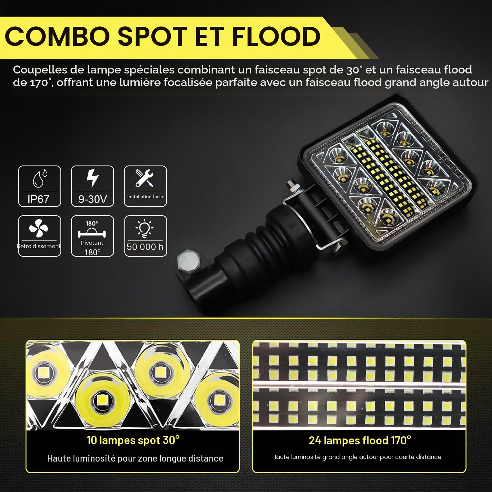 AnTom 102W Phare de Travail à LED, 24mm DIN Gyrophare Support - IP68-12/24V - Flexible