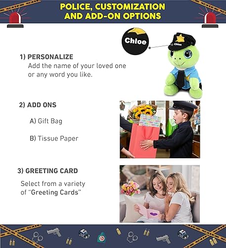 Miniatura 2 de DolliBu Juguete de peluche de oficial de policía de ojos brillantes de tortuga verde, animal de peluche súper suave con lindo uniforme de policía y