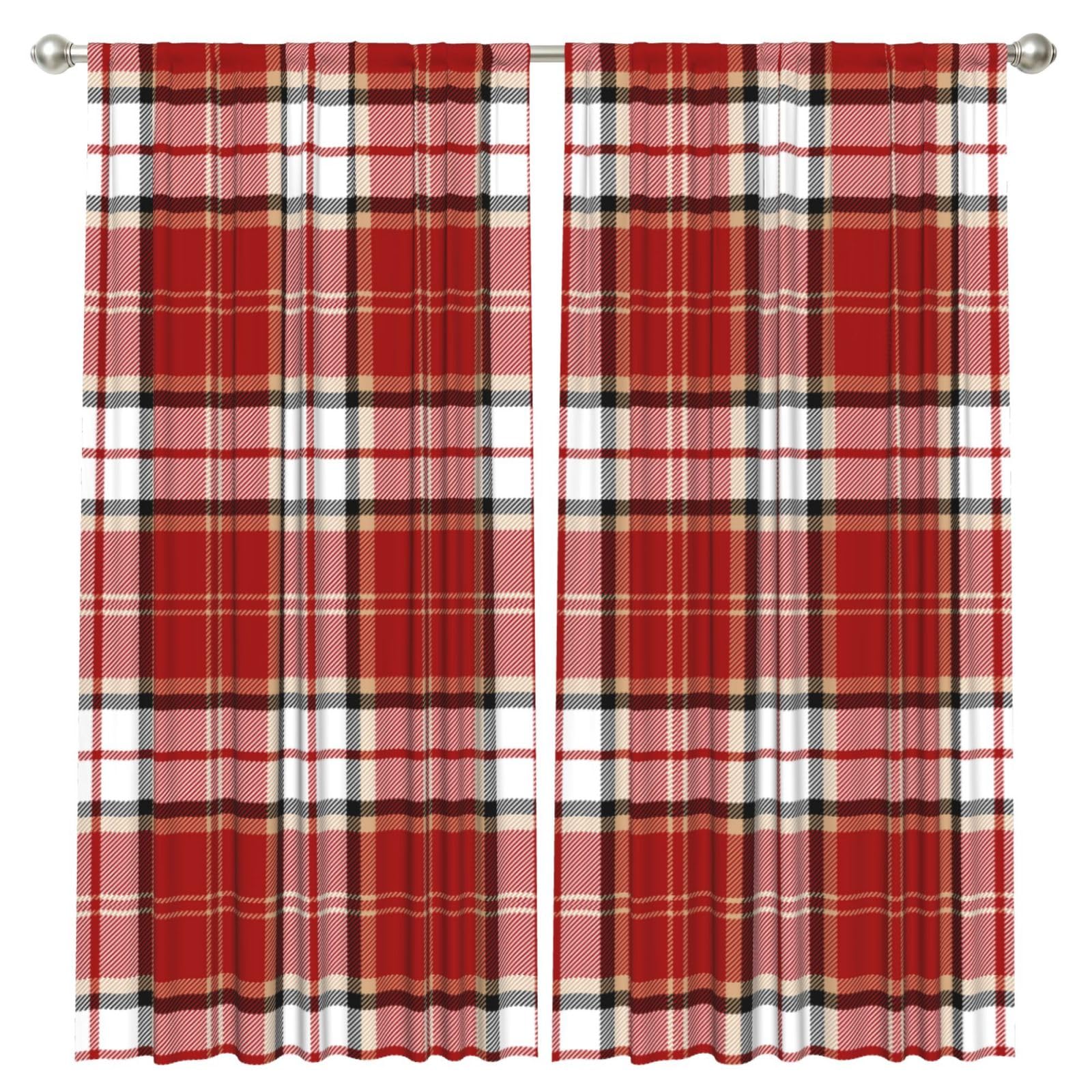InOmak Red Black White Tartan Plaid Scottish Checkered, 2 Panels Window Curtains 52 x 84 Inch Blackout Curtains for Living Room Bedroom