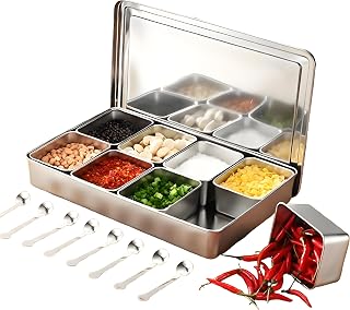 Seasoning Box - 8 Grids Stainless Steel Seasoning Box with Spoon and with Lid - Condiment Storage Containers Spice Jar Multipurpose Kitchen Utensils(8 Grids)
