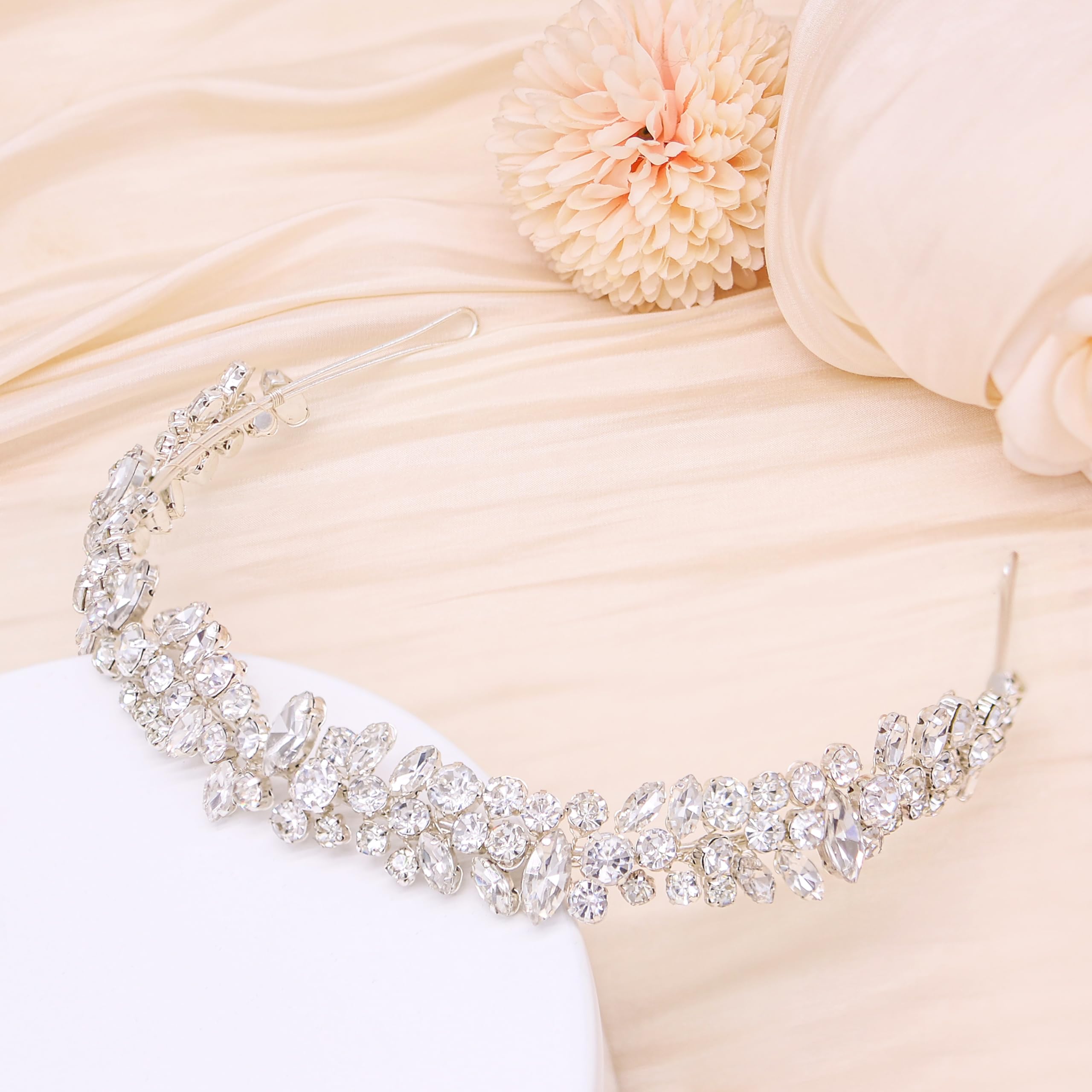 Oriamour Crystal Wedding Headband For Bride Bridal Headpieces For Girls Rhinestone Hairband For Birthday, Party, Prom (Silver)