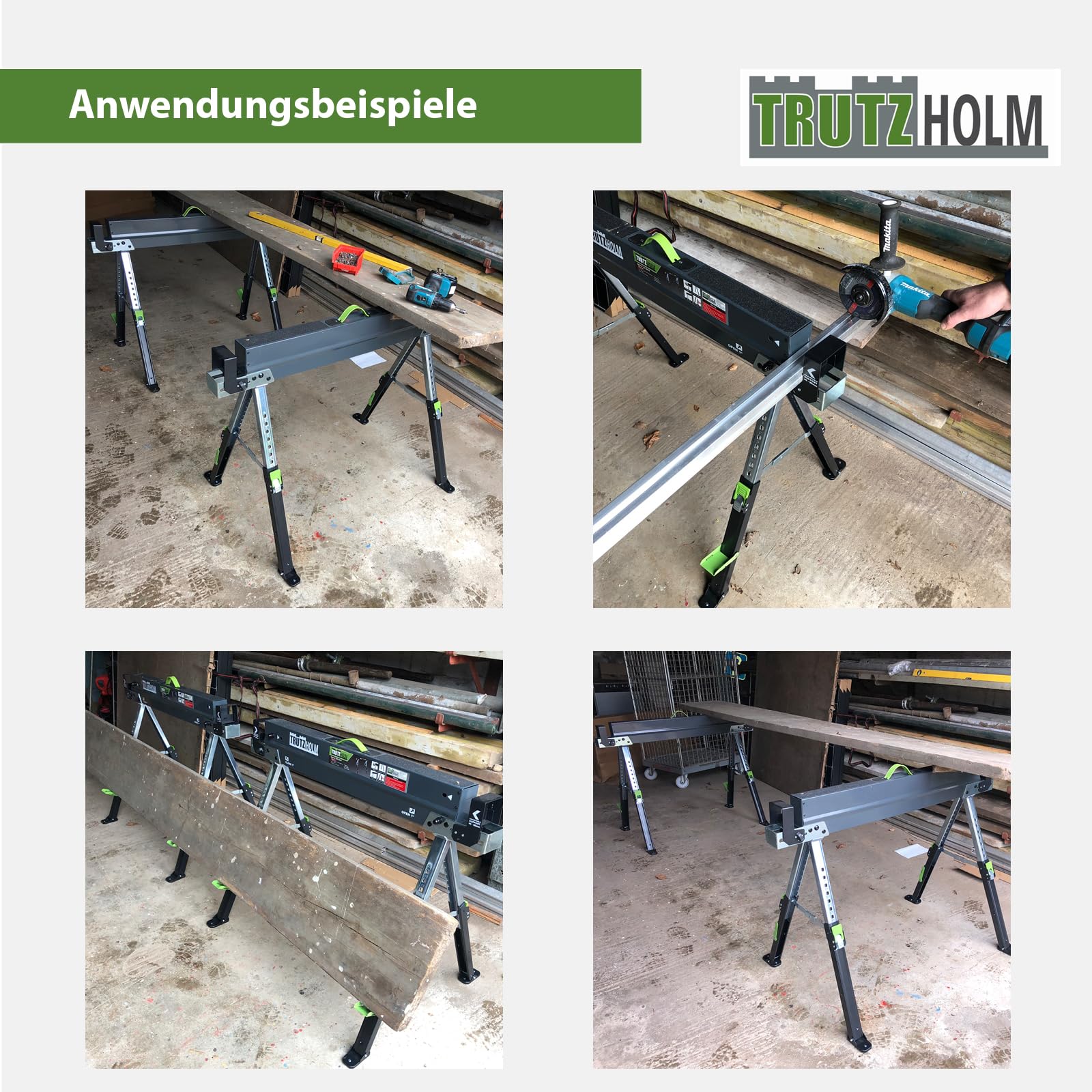 TRUTZHOLM 2x Sägebock 2.0 DELUXE 9-fach höhenverstellbar Stahl bis 1300 kg Klappbock Arbeitsbock Werkbock verstellbare Klemmen für Kanthölzer integrierter Tragegriff Unterstellbock Werkbank