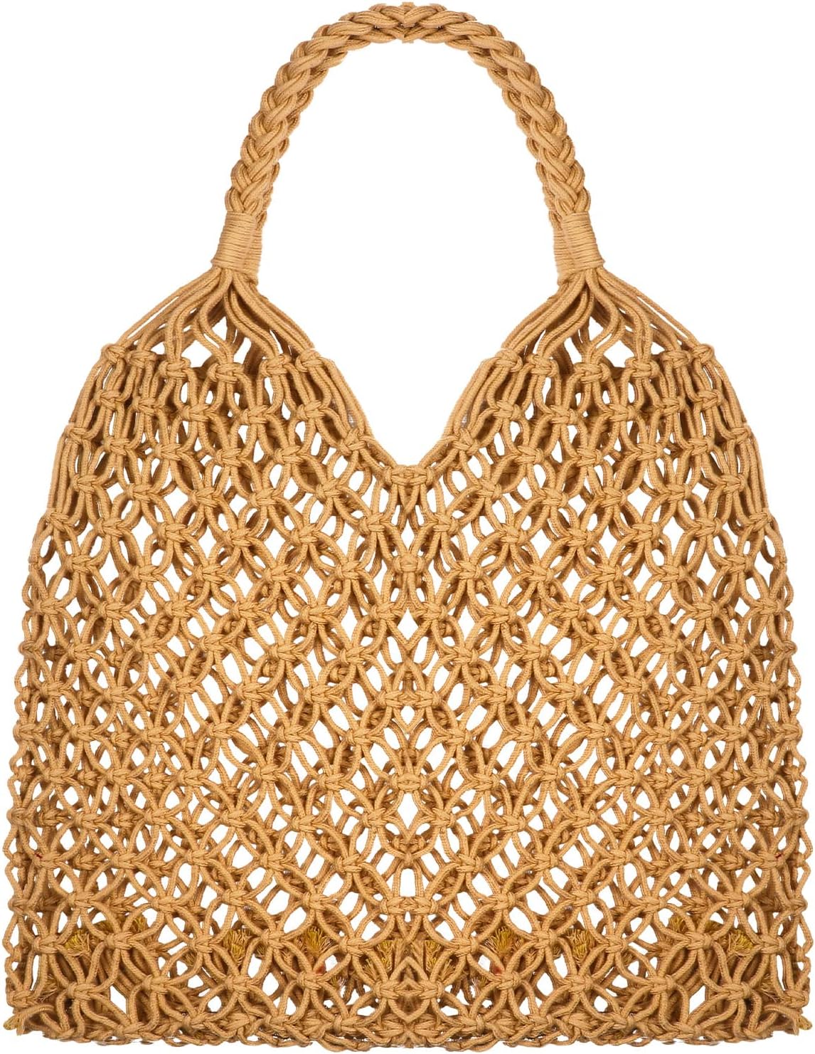 ShappyTravel Beach Fishing Net Handbag Woven Shoulder Bag Cotton Rope Macrame Bag Mesh Net Beach Bag Crochet Knit Purse for Women
