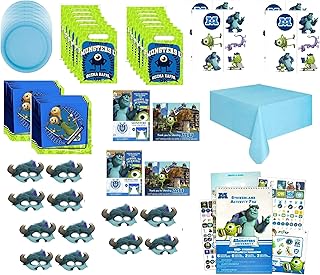 Monsters University Birthday Party Supplies Bundle Pack for 16 includes Plates, Napkins, Table Cover, Paper Mask, Loot Bags, Invitations, Stickers, Tattoos
