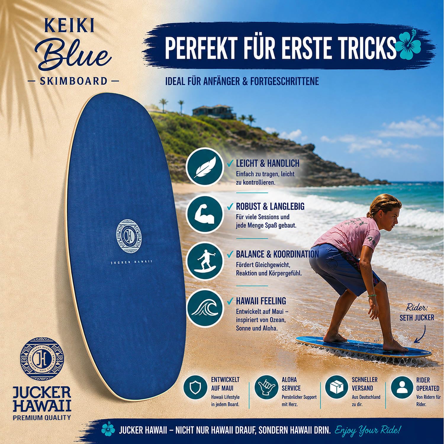 JUCKER HAWAII Skimboard KEIKI HPL Blue – Anti-Rutsch & HPL Beschichtung