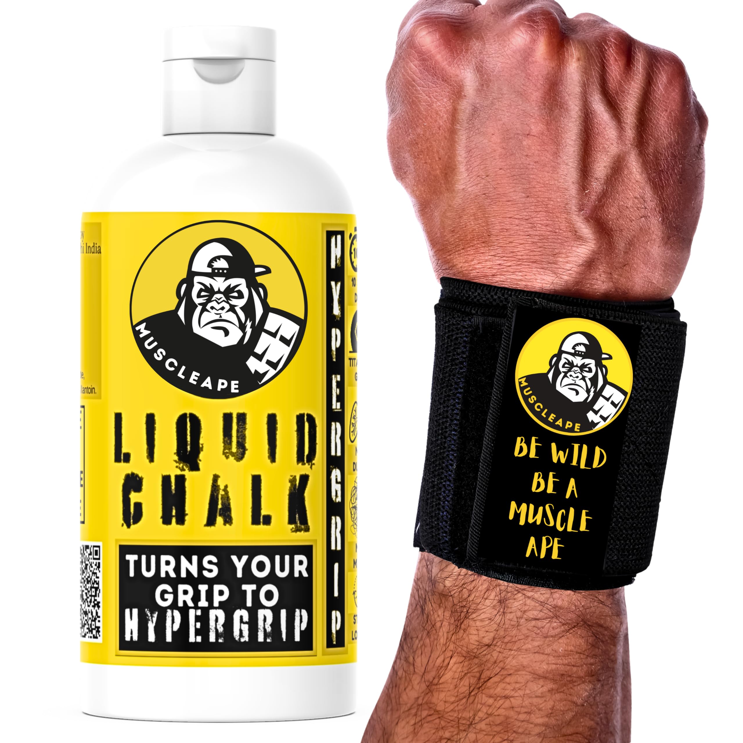 Muscleape Black Wrist Supporter With Liquid Chalk 210 Ml for Gym Wrist with Thumb Loop Straps - Wrist Wrap Gym Accessories for Men Hand Grip & Wrist Support Sports Straps for Gym, Powerlifting. 20" Heavy Duty Wrist Wraps.-image-27
