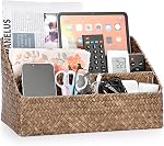 BTSKY Office Desk Organizer Natural Seagrass Desk Organizer with 4 compartments, Handmade Woven Wicker Mail Sorters, Office Supply Caddy Accessories Holder Organizer for School, Home, Office Supplies