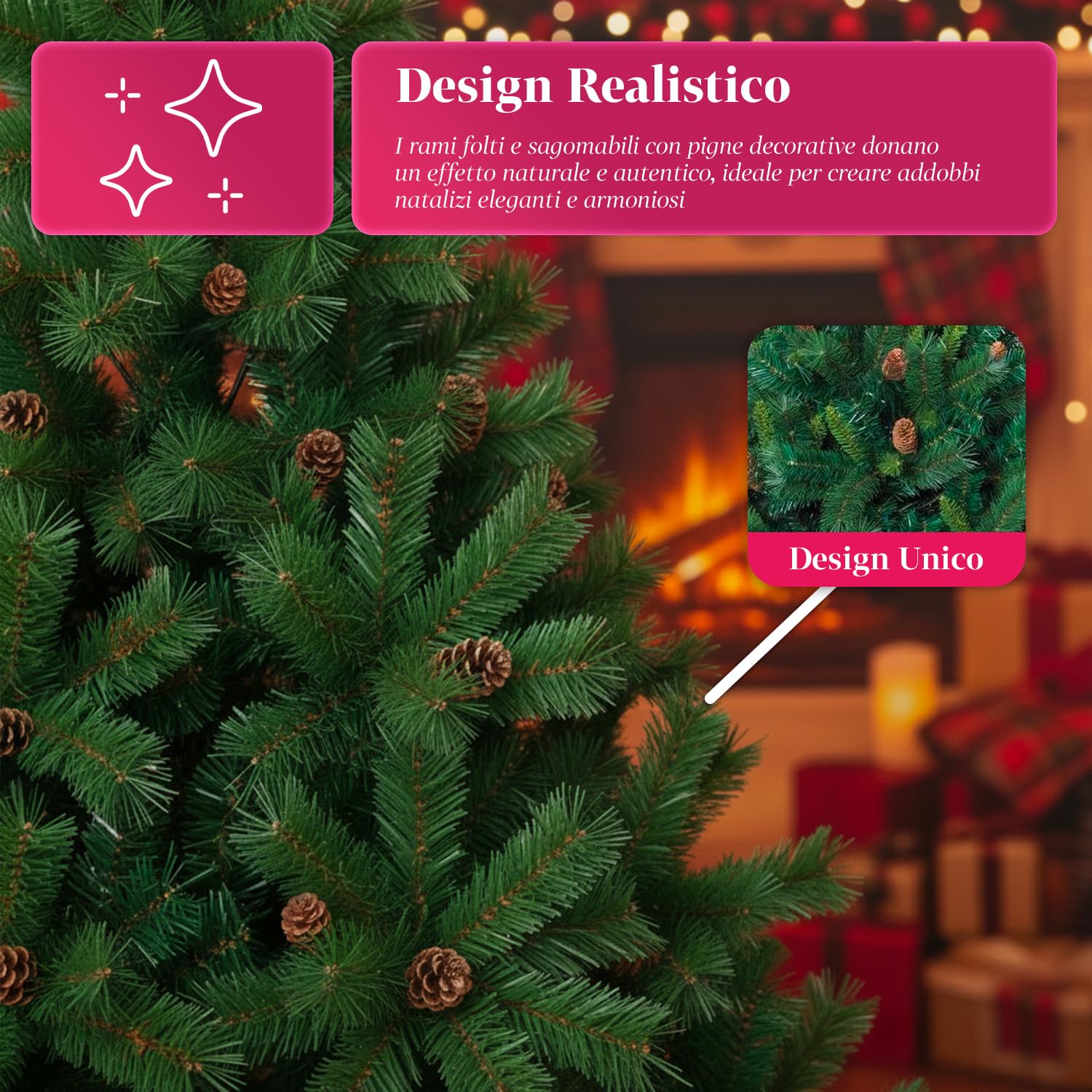 Albero di Natale Artificiale con Pigne da 150 cm con 438 rami. Perfetto per Interni, Pronto per Essere Decorato con Luci e Ornamenti Natalizi con Base in Metallo e Innesto Facile Ø 70 cm