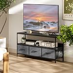HOMCOM Support TV avec rangement, table TV avec 3 tiroirs en lin pliables et étagère ouverte pour téléviseur de 55 po, centre de divertissement pour salon, noir