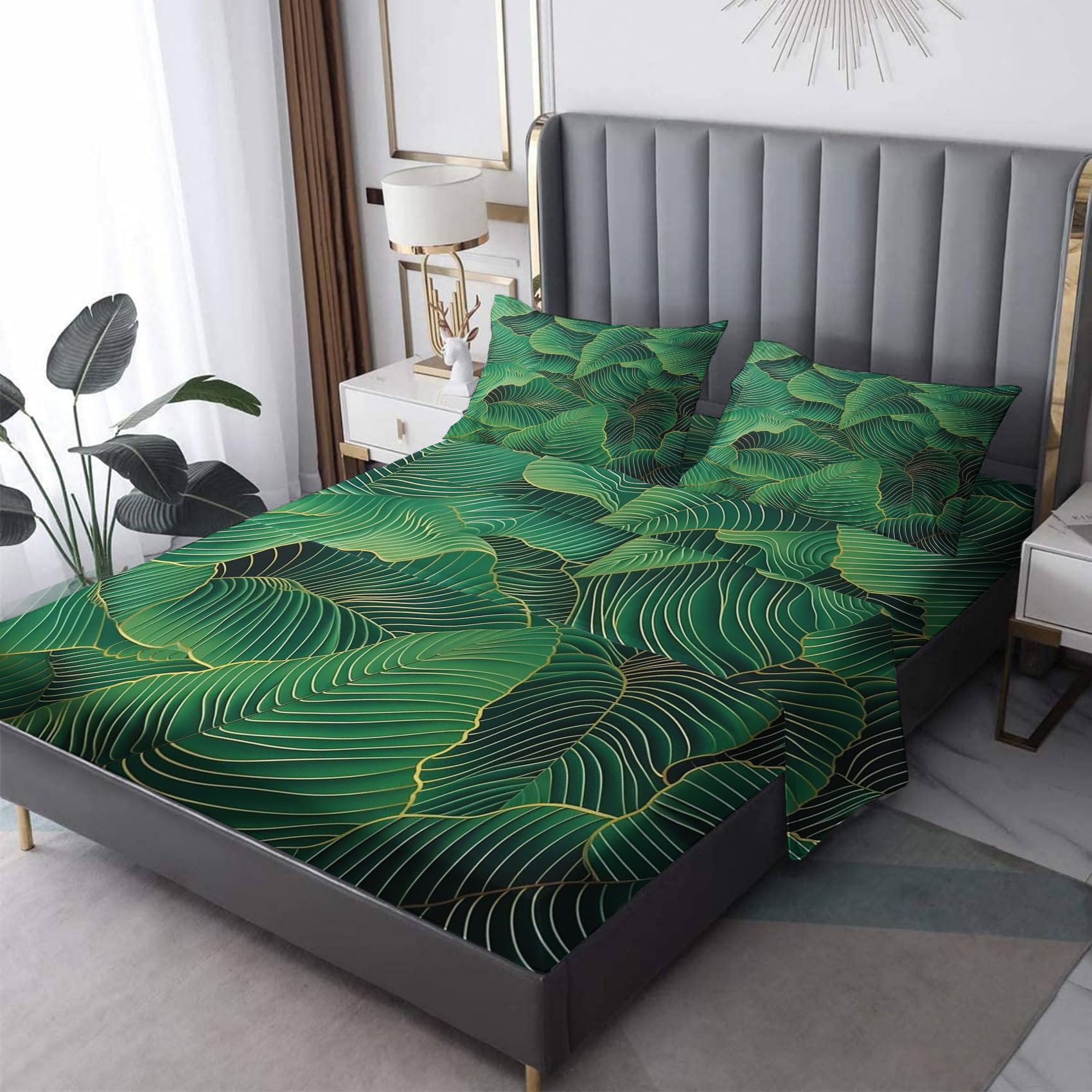 Emerald Green Sheets King Size, Tropical Leaves Bed Sheets, Patterned Bedding Sheets & Pillowcases 4 Piece Set - Soft Microfiber Deep Pocket Fitted