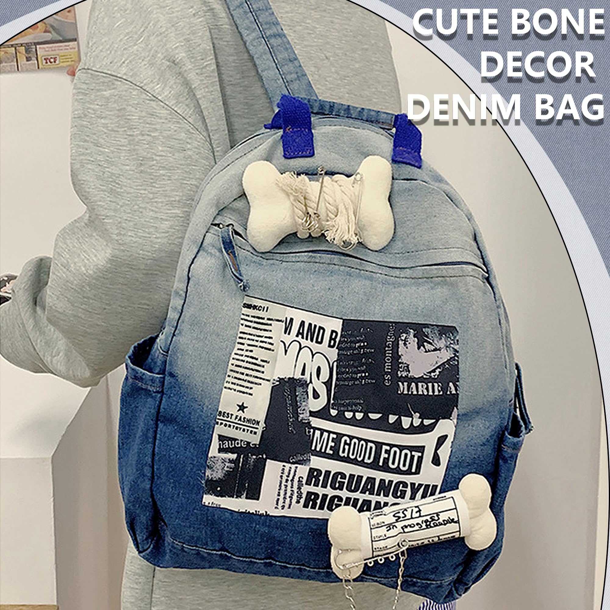 UINSUE Y2K Backpack Punk Style Gradient Water Washed Denim Daypack Large Capacity Bone Charm Trendy Patchwork Casual Rucksack 16L (Blue)
