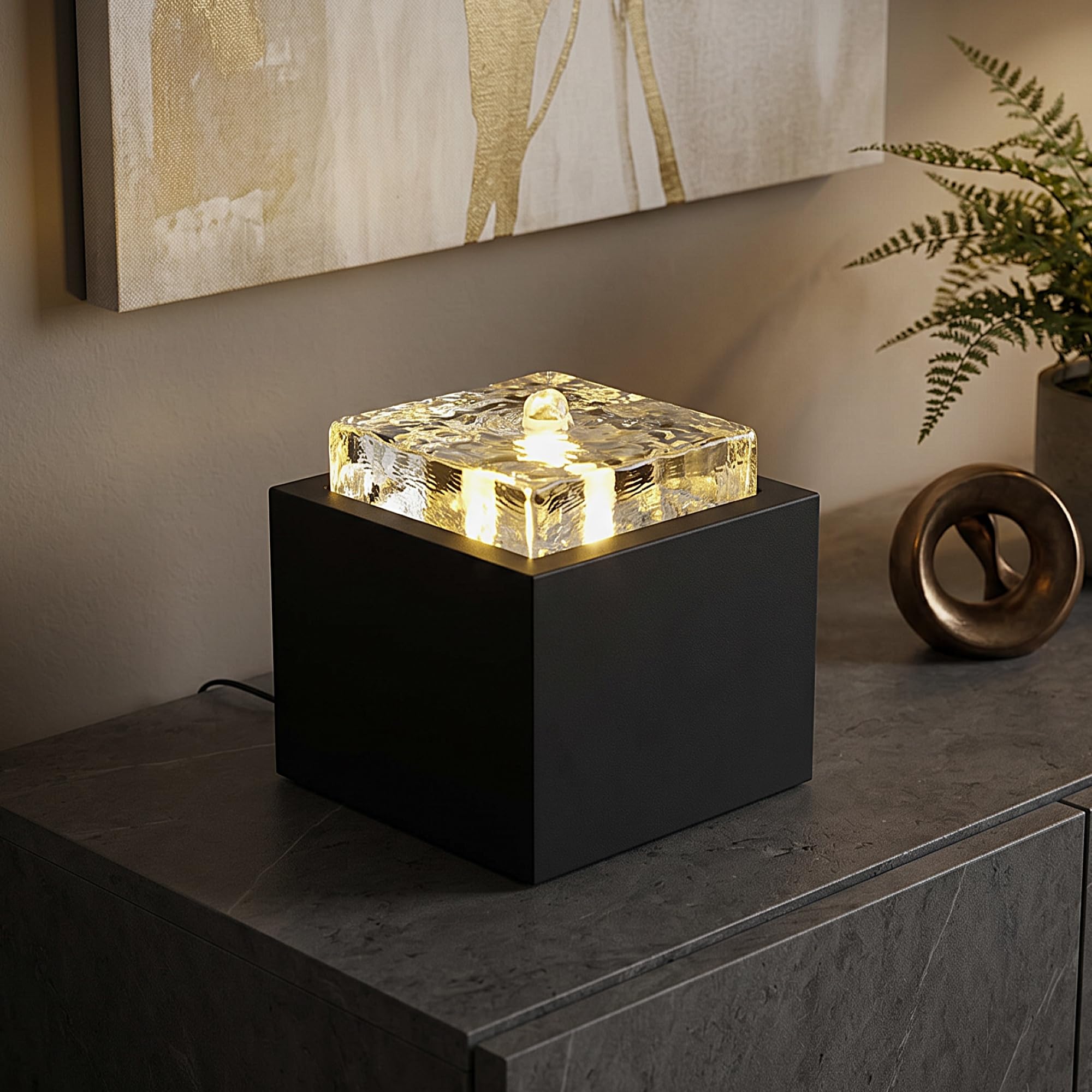 Design Zimmerbrunnen BK920 – LED Tischbrunnen modern, Springbrunnen mit Glasblock in Eisoptik, 3W, warmweißes Licht, Deko Wohnzimmer Büro, Metall Glas 19x19x20 cm