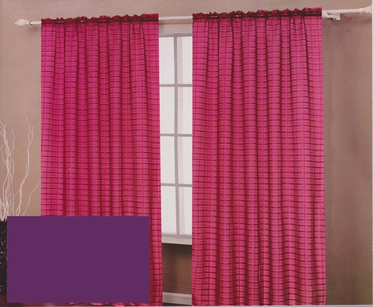 TWO Panels CHECKED Texture Rod Pocket SHEER VOILE Fabric Curtain Set - PURPLE
