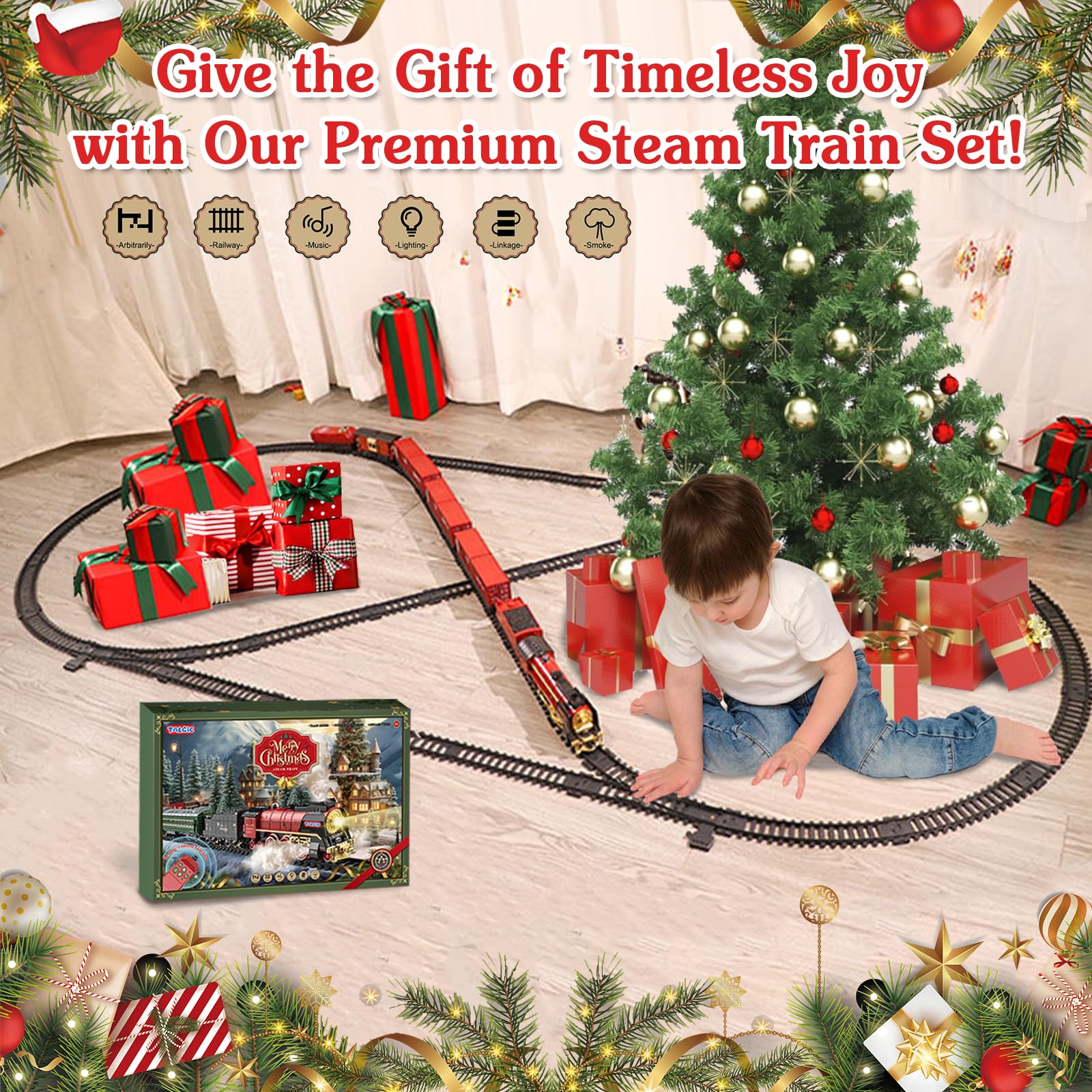Train Set, Remote Control Train Toys for Boys with Steam, Lights and Sound, Fancy Tracks, Christmas Train Sets for Around The Tree, Model Trains for 3 4 5 6 7 8+ Kids/Toddlers