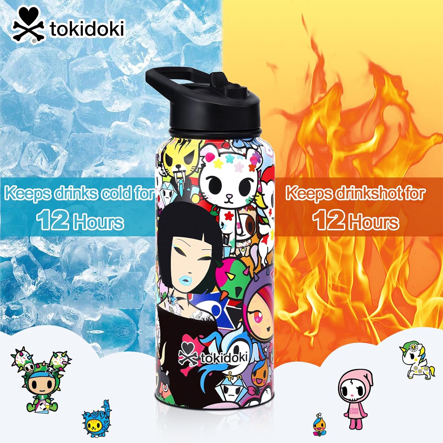 Tokidoki Unicorno Bottle 32oz Insulated Stainless Steel Water Bottle Reusable Vacuum Insulated Water Bottle Tumbler with Leak Proof Flip Bottle for Travel Office Gym (signature) - Image 4