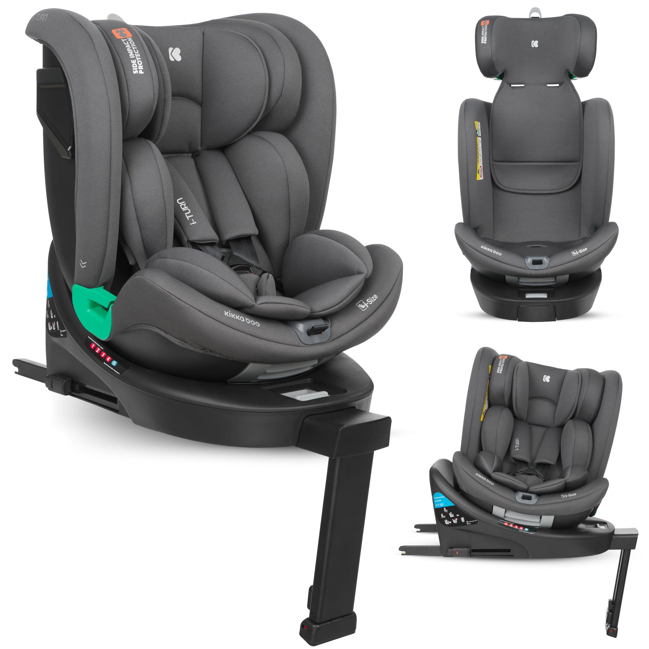 KikkaBoo Silla de Coche i-​Size i-​TURN, 40-​150 cm, Silla Coche Bebé Grupo 0 1 2 3 ISOFIX, de 0 a 12 años, Giratoria 360°, 12 Posiciones Reposacabezas, Sistema SPS, Cojín Reductor, Gris Oscuro