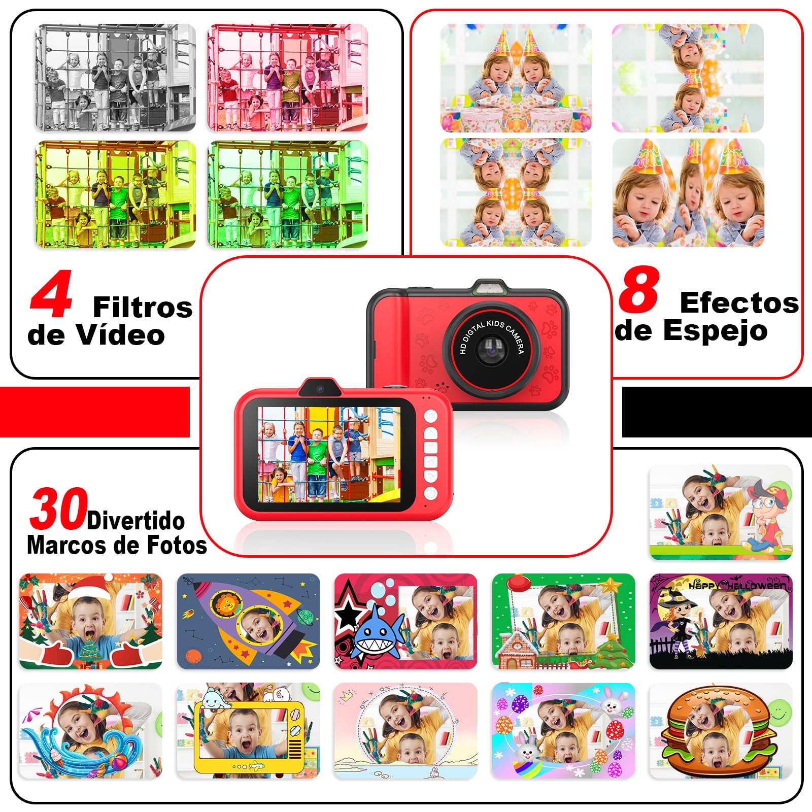 Camara Fotos Infantil, Pantalla Grande 3,5", Zoom Giratorio 360°, Camara Digital Video Niños 1080P HD con Selfie, Flash LED, Tarjeta SD 32G, Regalo para niñas y niños 3 4 5 6 7 8 9 10 11 12 años(Rojo)