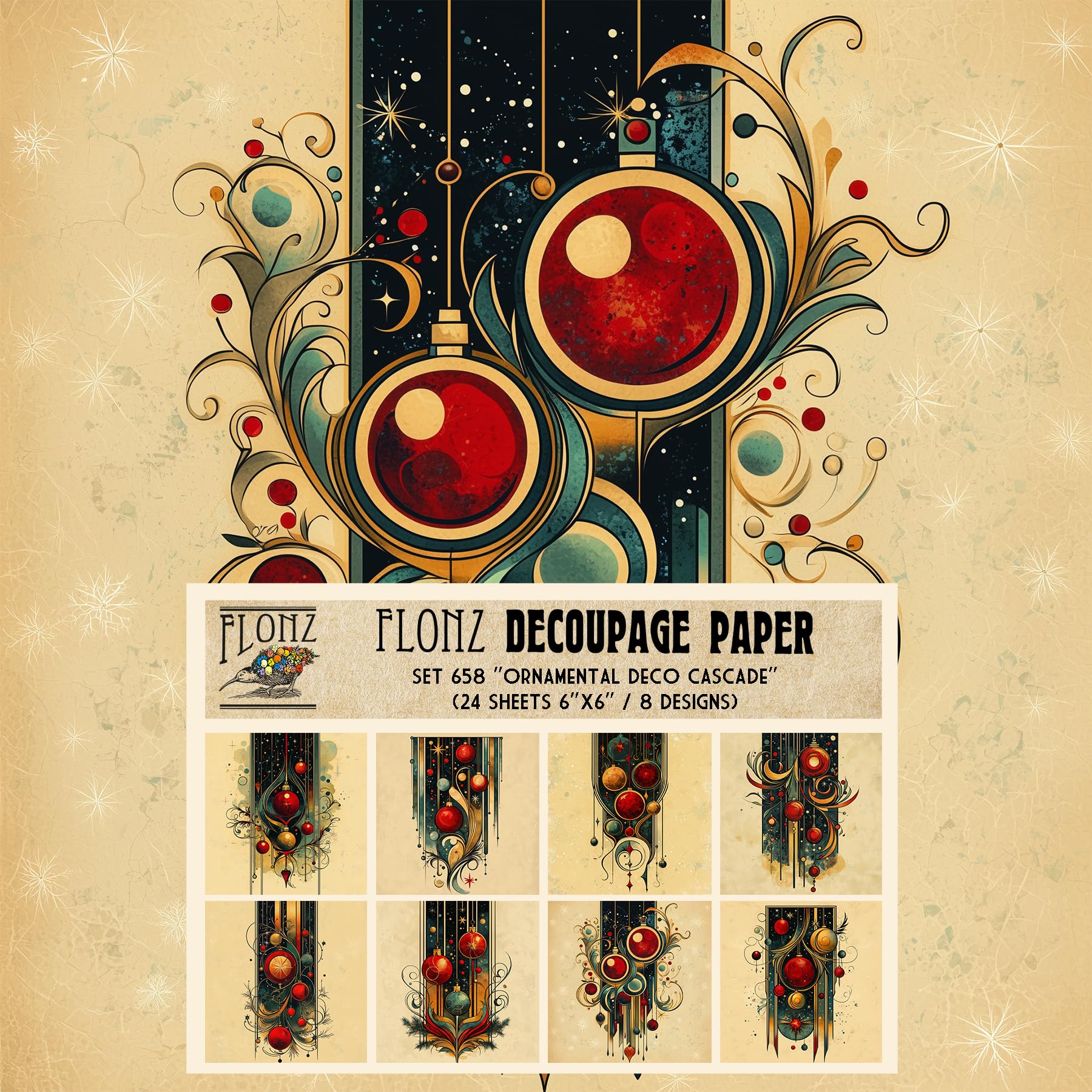 Decoupage Paper Pack (24 Sheets 6"x6") Ornamental Deco Cascade ~ Vertical compositions of Christmas Balls in Geometric Art Deco Style on Parchment-Toned Backgrounds with fine line Detailing