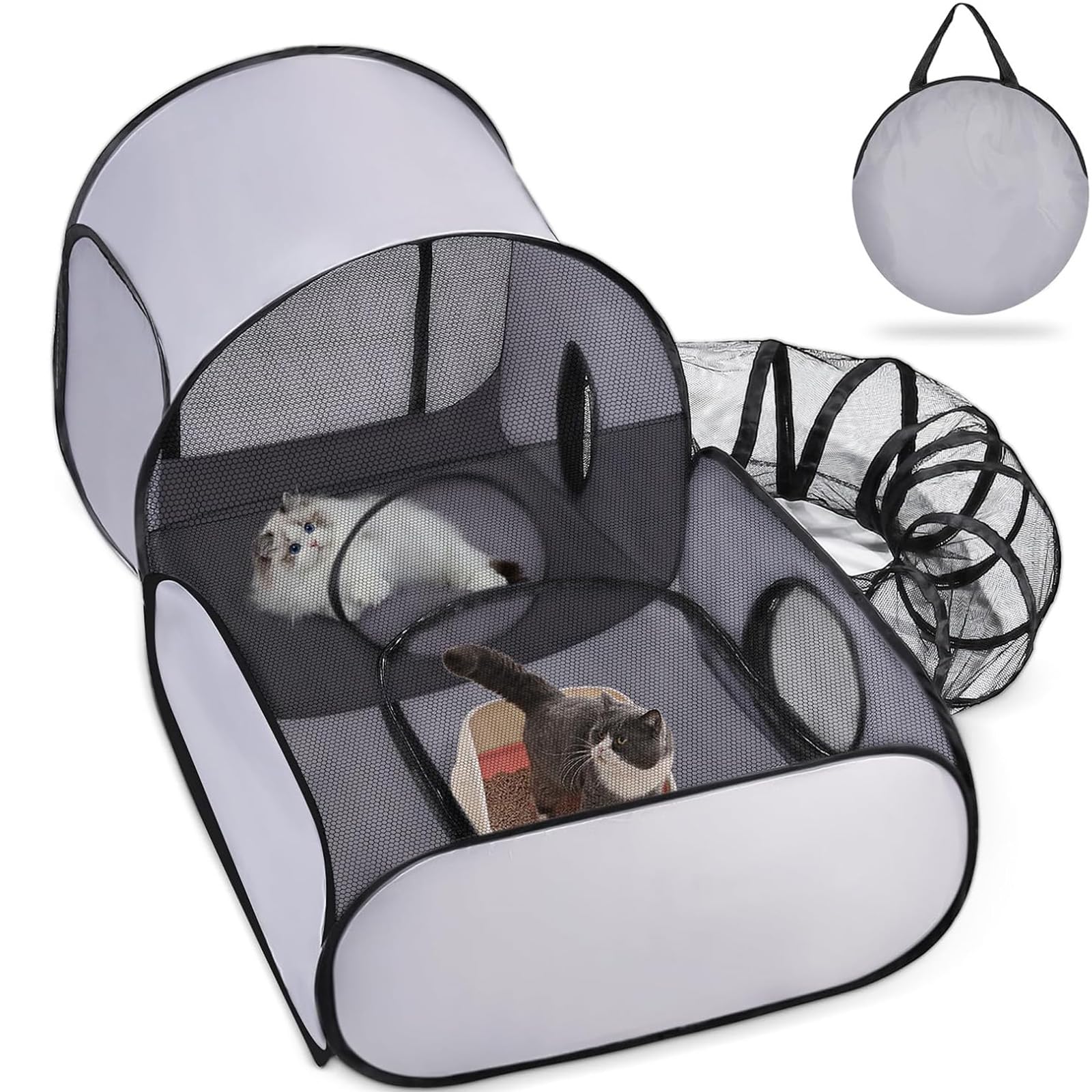 Box 3 in 1 per gatti con tunnel circostante, box per animali domestici con lati morbidi traspiranti, recinto per gatti e cani, per esterni e interni, tenda portatile per piccoli animali, con borsa per