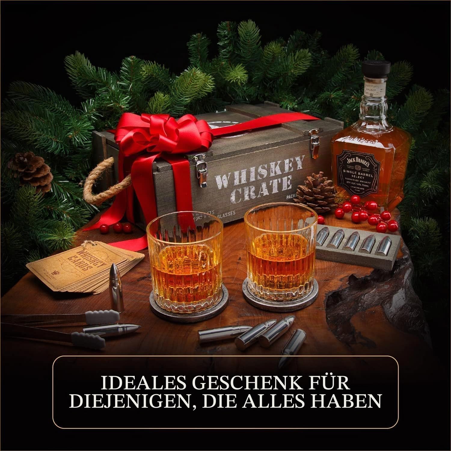 Whisky Geschenkset – Whiskey Gläser, Kugeln Steine und Untersetzer, Eiszange, Holzkiste, Geschichts- und Rezeptkarten – Zubehör Set, Geschenk für Männer, Ehemann, von Royal Reserve | Wiederverwendbare Eis-Alternative Kühler mit Untersetzern & Holzkiste -