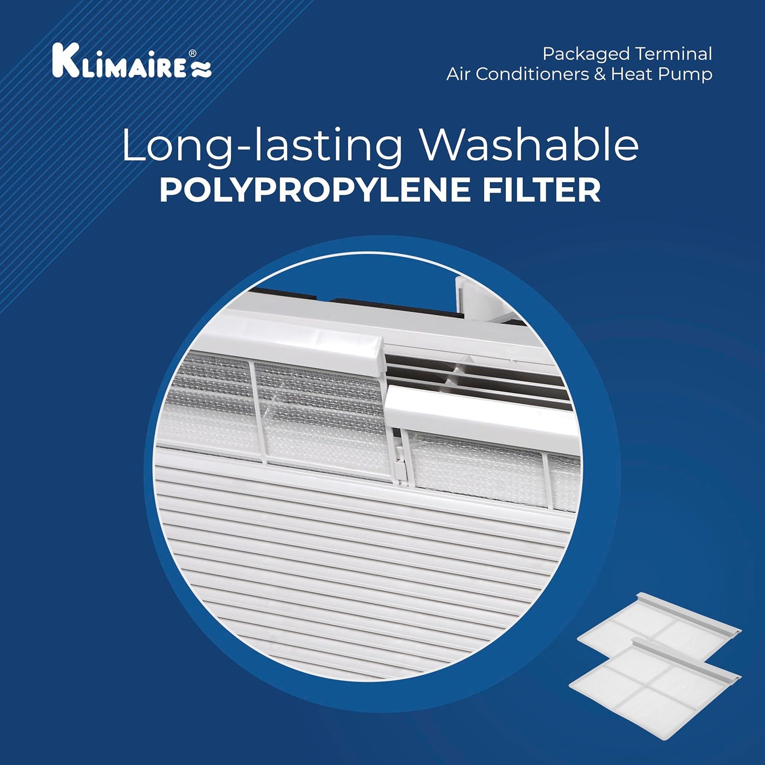 Hand washing a reusable polypropylene filter under running water, with the Klimaire PTAC unit in the background