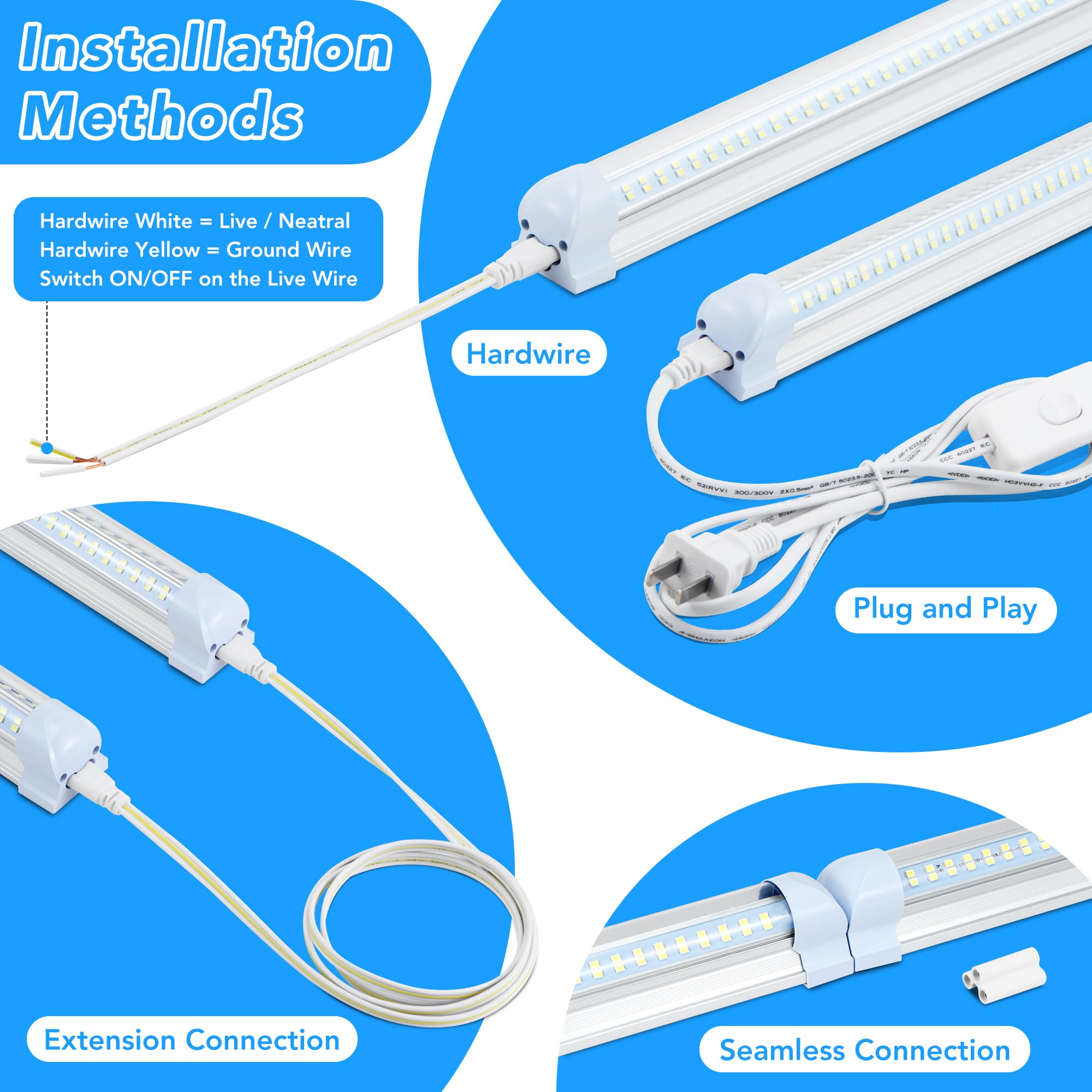 T8 LED Shop Lights 4FT 4 Pack 60W 9600LM 6000K Daylight White Linkable Lighting Plug Play Energy-Saving Work — view 3