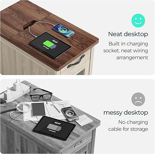 Miniatura 8 de LINSY HOME Juego de 2 mesas auxiliares con estación de carga, moderna mesa auxiliar de sofá de granja, mesita de noche de madera para sala de estar,