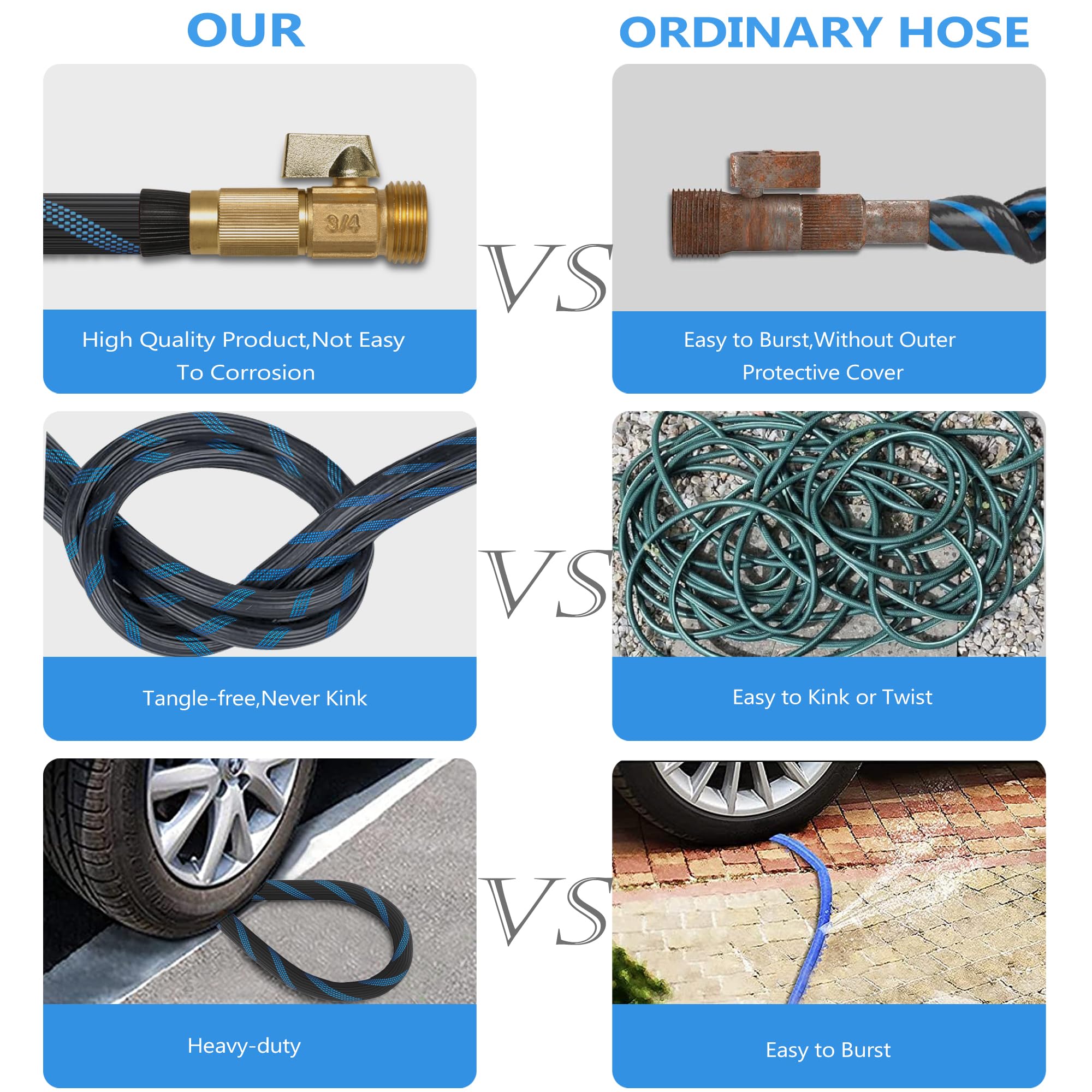 100ft Garden Hose - Water Hoses w/10 Function Spray Nozzle, 2025 New Superior Strength Flexible Hose, 3/4" Brass Connectors- Leakproof Lightweight Water Pipe for Gardening(Blue Black)