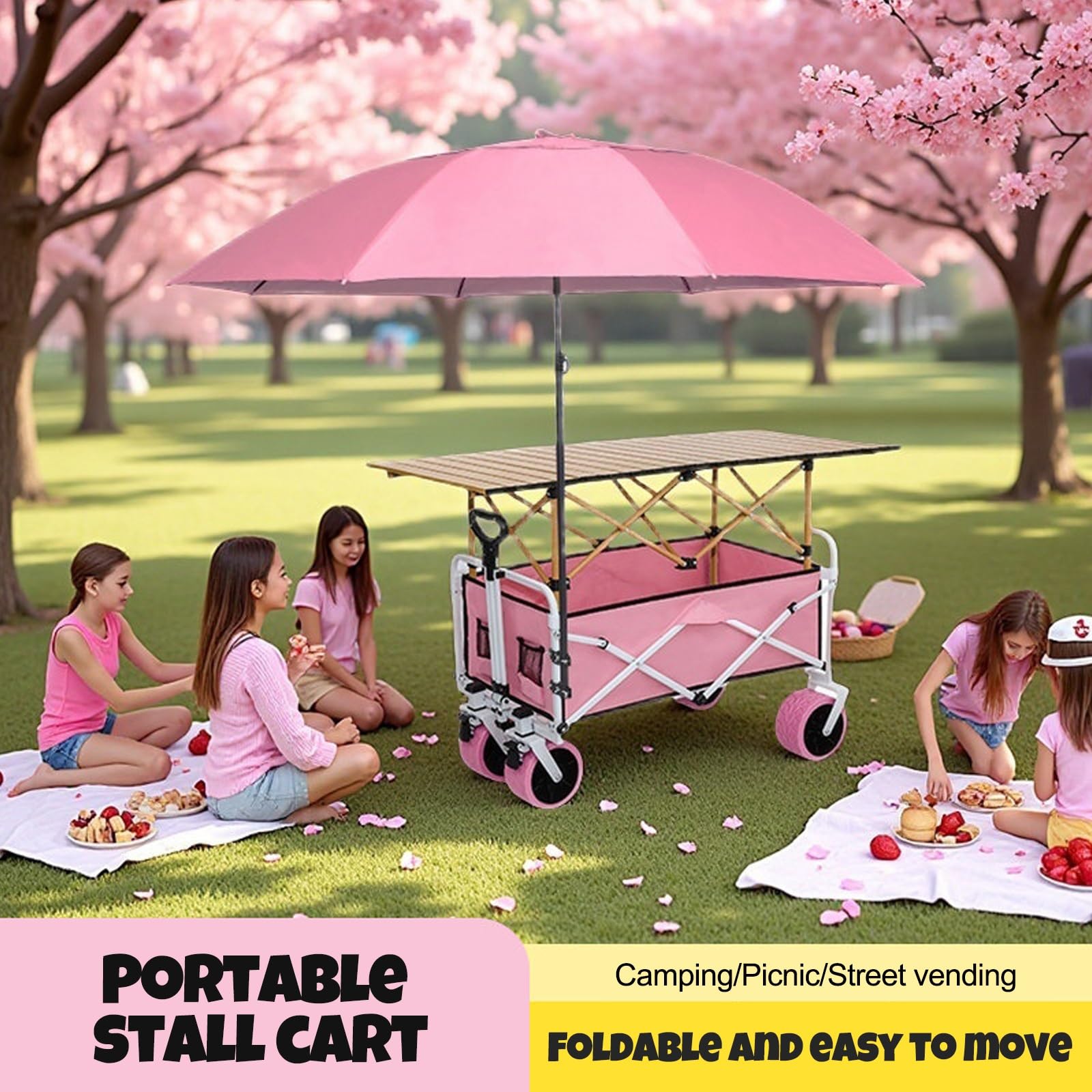 Faltbarer Outdoor-Händlerwagen mit Baldachin, kommerzieller mobiler Street Food Cart Präsentationsständer mit feststellbaren Rädern für Markt, Street Food, Camping, Veranstaltungen
