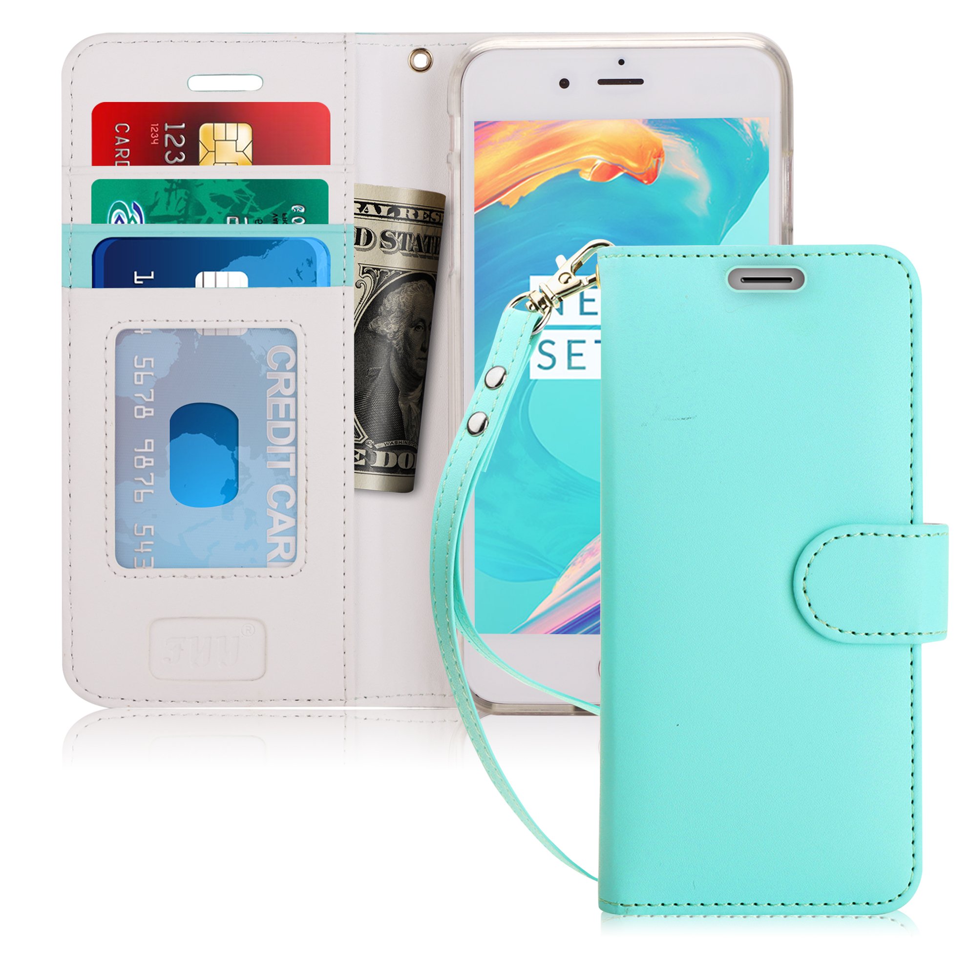 FYY for iPhone 8 Plus Case/iPhone 7 Plus Case, PU Leather Flip Wallet Phone Case with Card Holder Wrist Strap Kickstand Protective Cover for iPhone 7 Plus/8 Plus 5.5" Mint Green