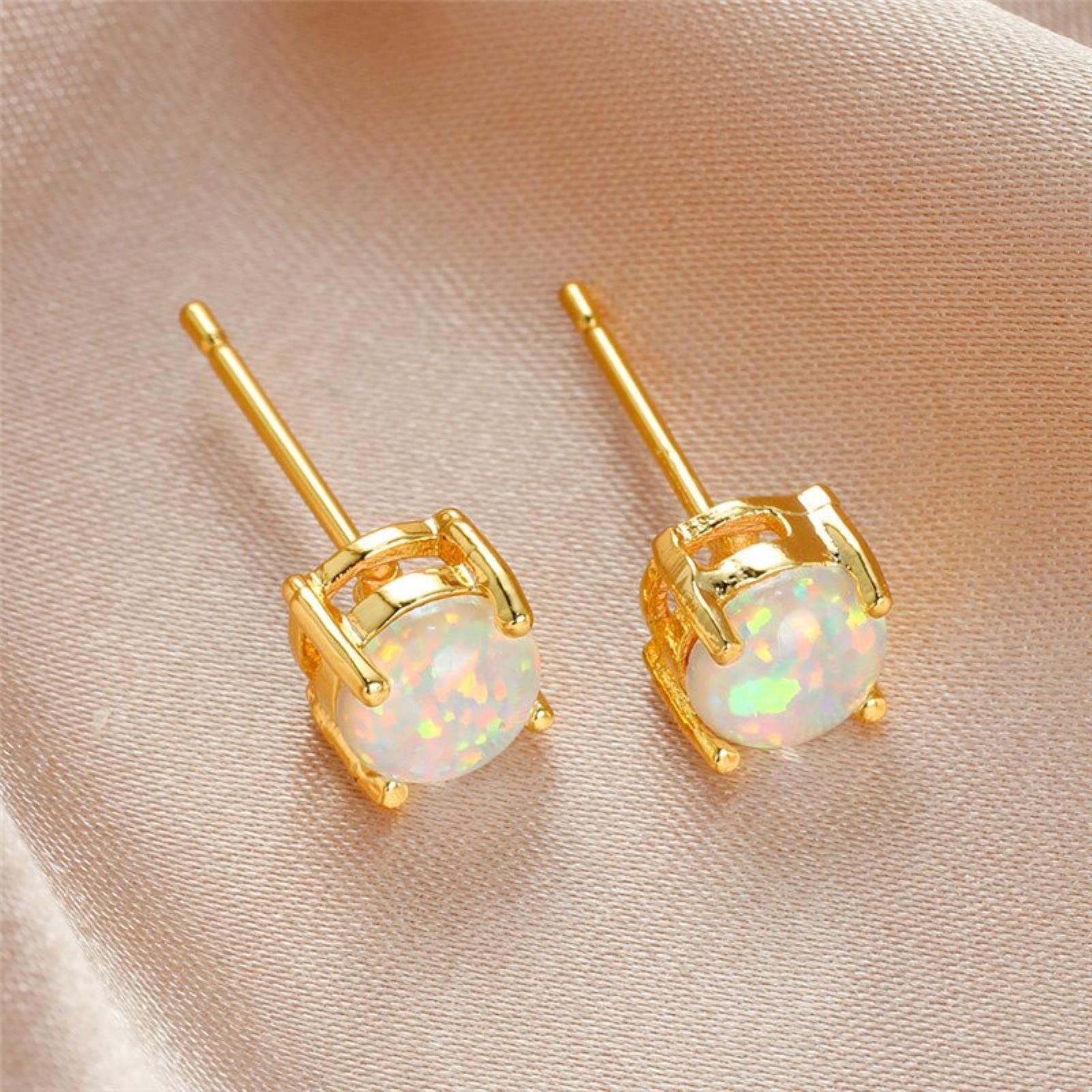 WZGWDC Mädchen, Niedliche Weibliche 6mm Runde Opal Schmuck Luxus Farbe Hochzeit Ohrring Vintage Blau Weiß Grün Kleine Ohrstecker Für Frauen