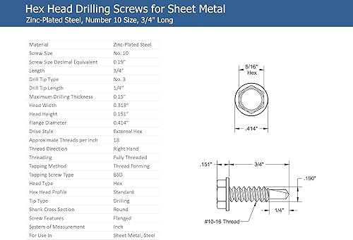 Miniatura 2 de #10 x 34 '' Cabeza de arandela hexagonal Autoperforante Tek Tornillo Acero Chapado en Zinc para Fijar chapa de acero o acero a metal - Caja de 100