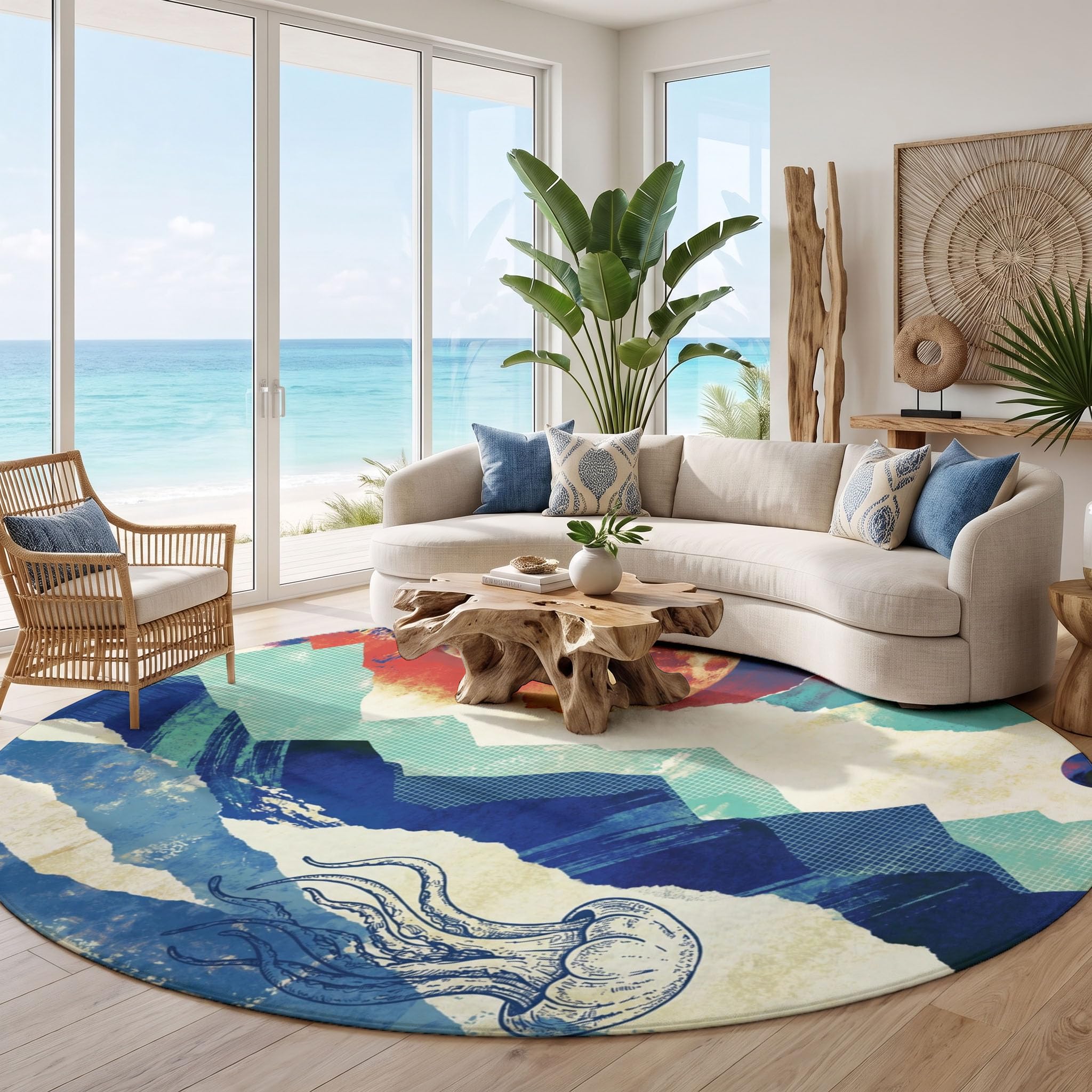 Tapis Rond Pleine Lune Sommets Montagneux Méduses Salon Chambre 100cm | Poils Courts, Art De Collage Rétro, Super Doux, Lavable Et Antidérapant Tapis Rond Pour Chambre D’enfant, Salle à Manger, Bleu