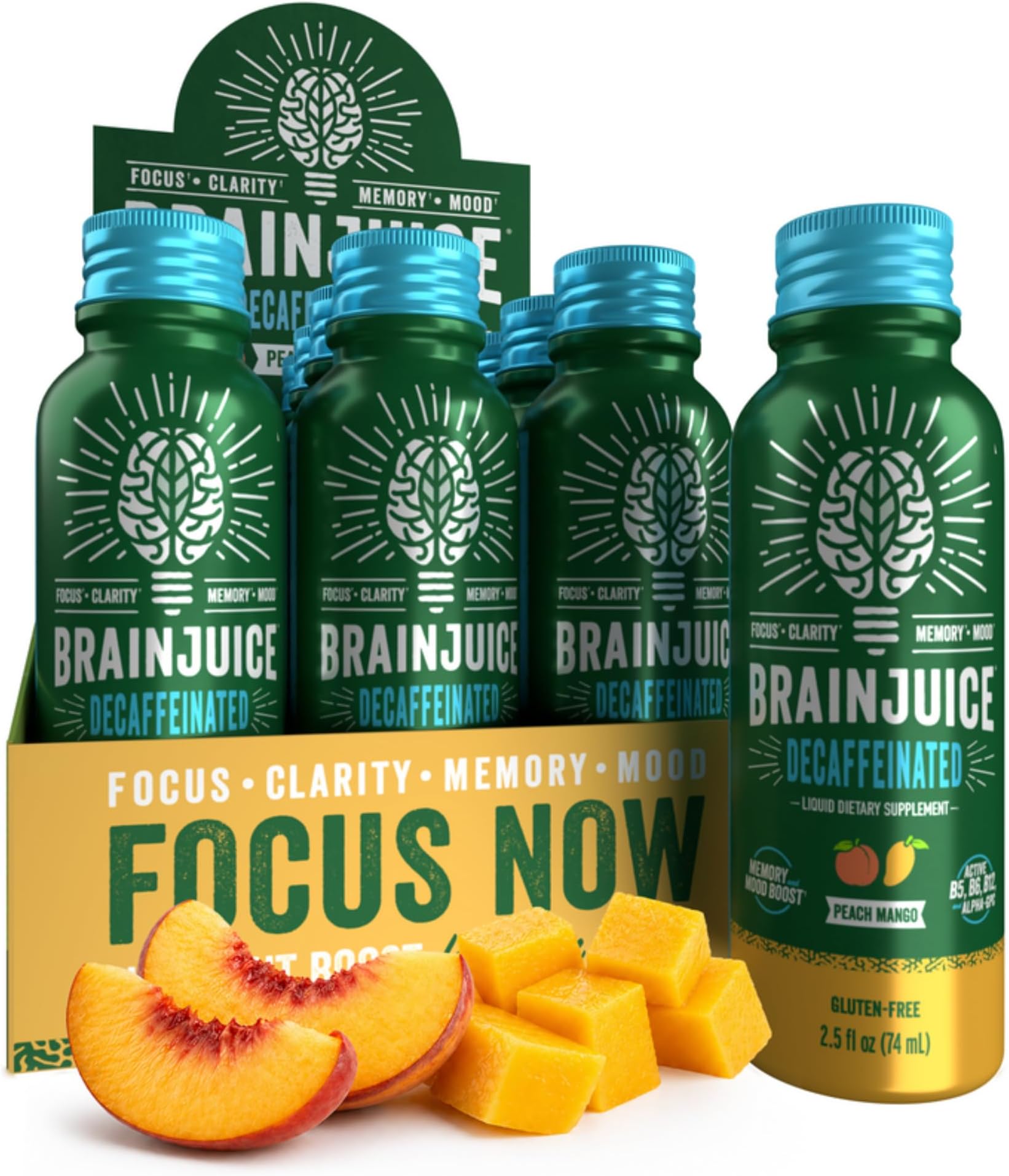 Decaf Brain Support Shot, Gluten Free Supplement Shots for Energy & Focus, Healthy Drinks with Alpha GPC, Vitamin B & Decaffeinated Green Tea Leaf, Peach Mango, 2.5 fl oz, 12 Pack