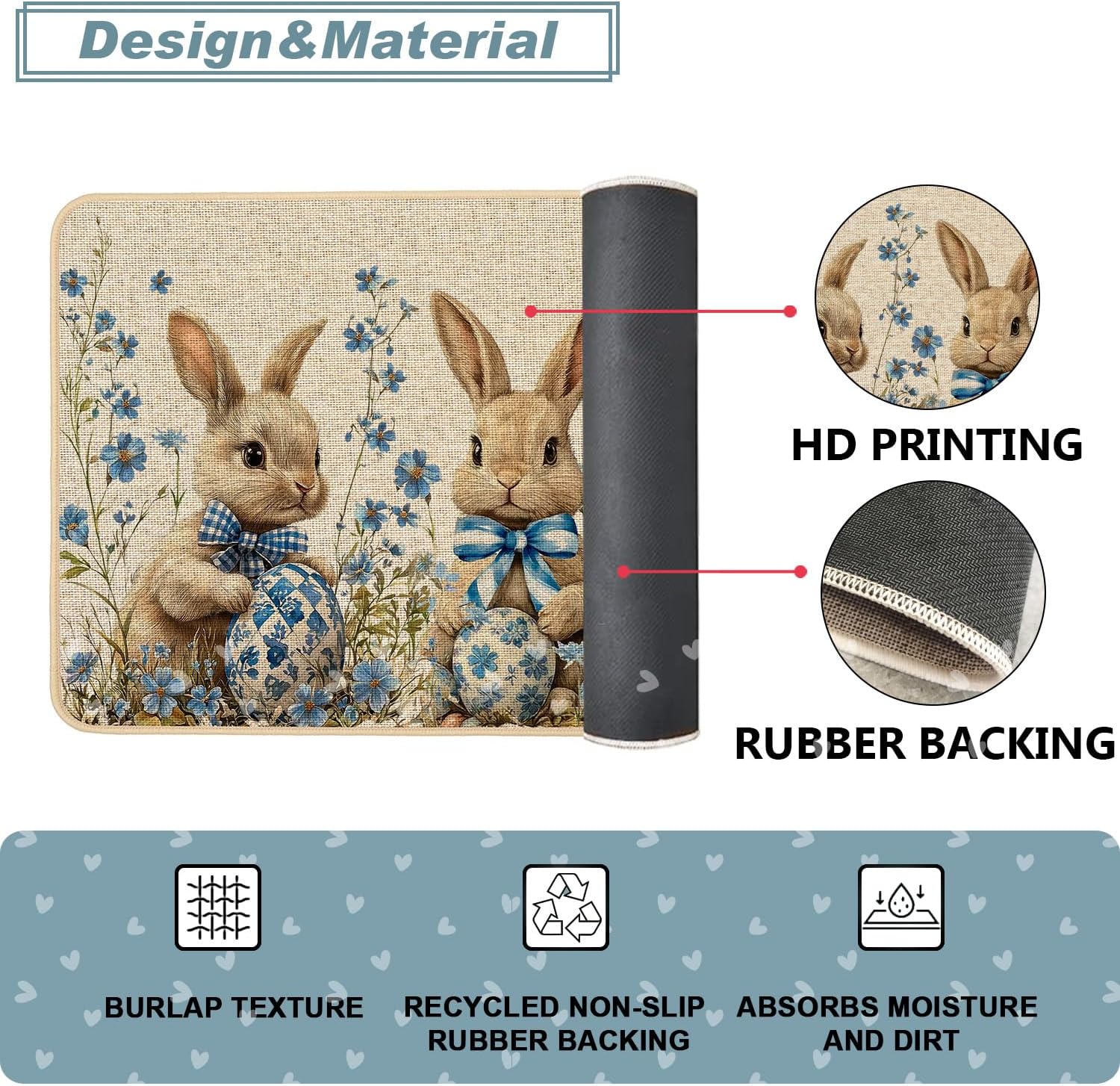 Baccessor Easter Bunny Rabbits Doormat Outdoor Outside Indoor,Blue Easter Bunny Eggs Spring Door Mat Low-Profile Non-Slip Rubber Backing Entrance Front Spring Seasonal Decoration Large 17x36 Inch