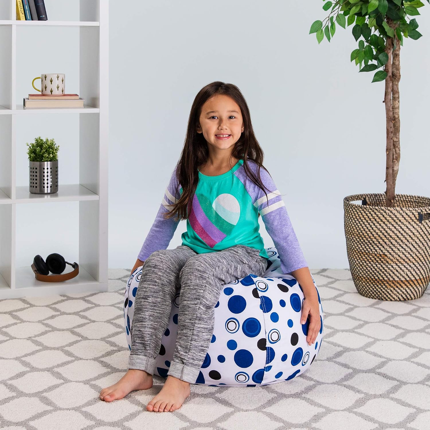 Posh Stuffable Kids Stuffed Animal Storage Bean Bag Chair Cover - Childrens Toy Organizer, Medium 27" - Canvas Bubbles Blue and White
