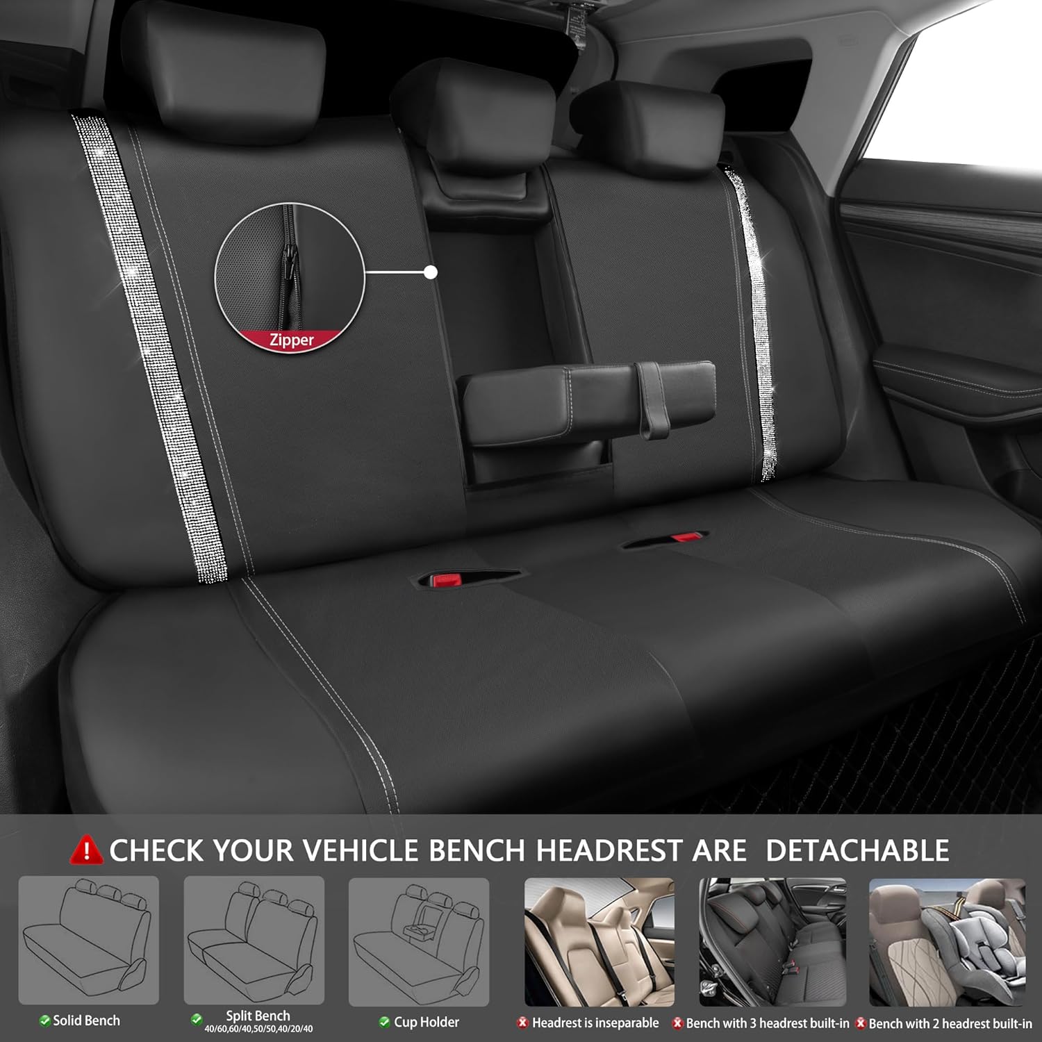 CAR PASS Leather Bling Seat Covers Full Sets 16 pcs, Bling Diamond Car Accessories Set for Women, Sparkly Rhinestone Steering Wheel Cover, Glitter Cute Car Interior Sets for Women Girl, Silver Diamond - Image 6