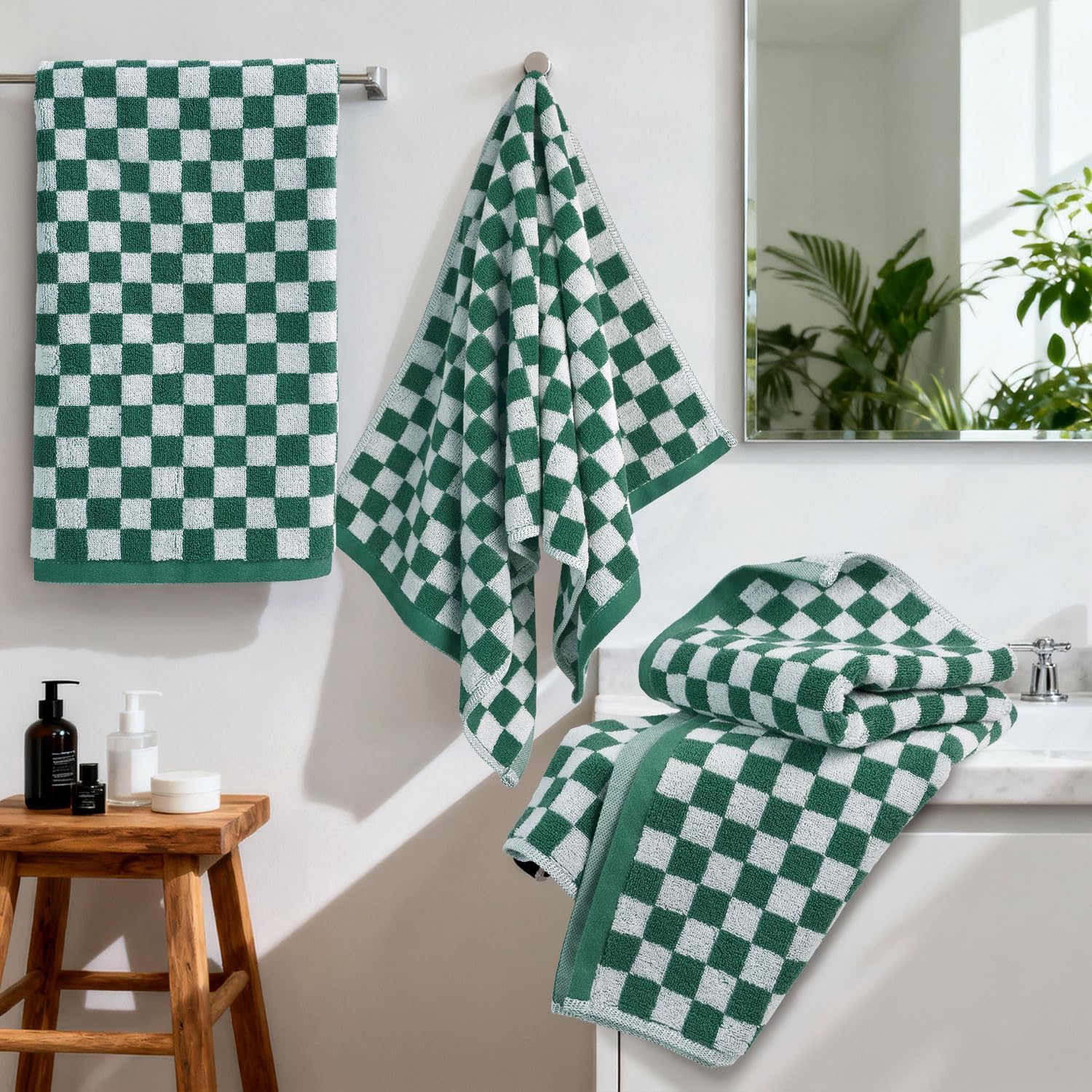 Jacquotha  and White Hand Towels 4 Pack, Cotton Decorative Bathroom Hand Towels & Checkered Kitchen Decor, 13" x 29": Green