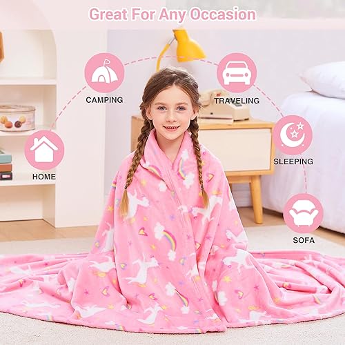Miniatura 5 de Viviland Manta para niños, manta con estampado de unicornio para niñas, cálida y ligera, manta de vellón de unicornio rosa para sofá, silla, cama,