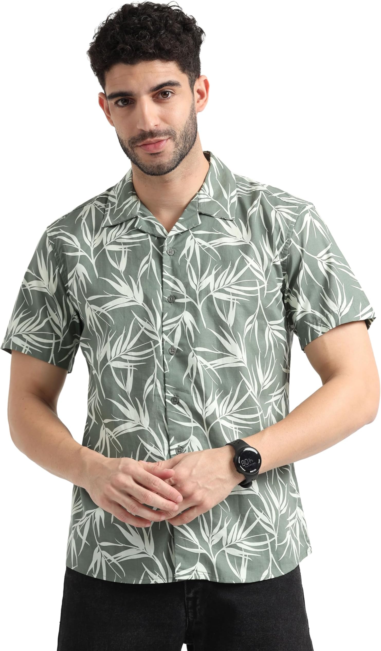 GLORYBOYZ Printed Half Sleeve Shirt for Men Regular Fit Hawaiian Leafs Print Shirt Resort Collar Comfortable Casual Summer Shirt Fashionable Stylish Goa Party Beach Wear