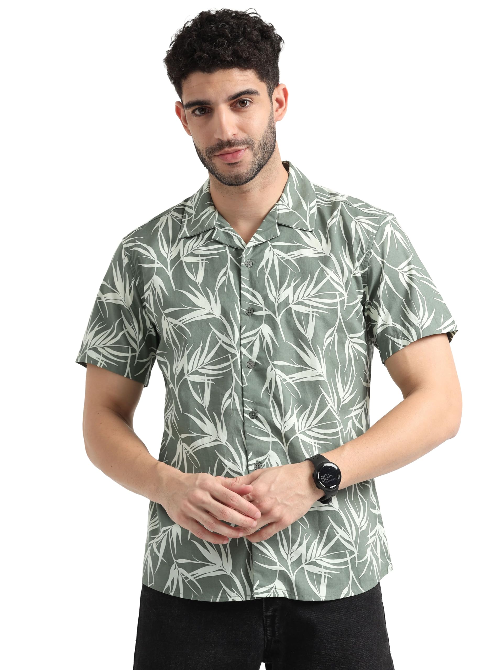 GLORYBOYZ Printed Half Sleeve Shirt for Men Regular Fit Hawaiian Leafs Print Shirt Resort Collar Comfortable Casual Summer Shirt Fashionable Stylish Goa Party Beach Wear