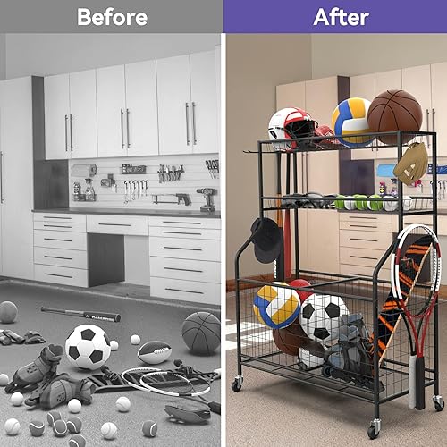 Miniatura 7 de WALMANN Organizador de pelota de garaje y equipo deportivo, estante de almacenamiento de bolas para interiores y exteriores, organizador de