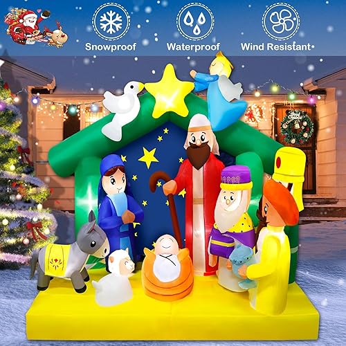 Vista 11 de Inflables de Navidad de 9.5 pies, decoraciones al aire libre, Papá Noel en trineo con 3 renos inflables de Navidad con luces LED integradas