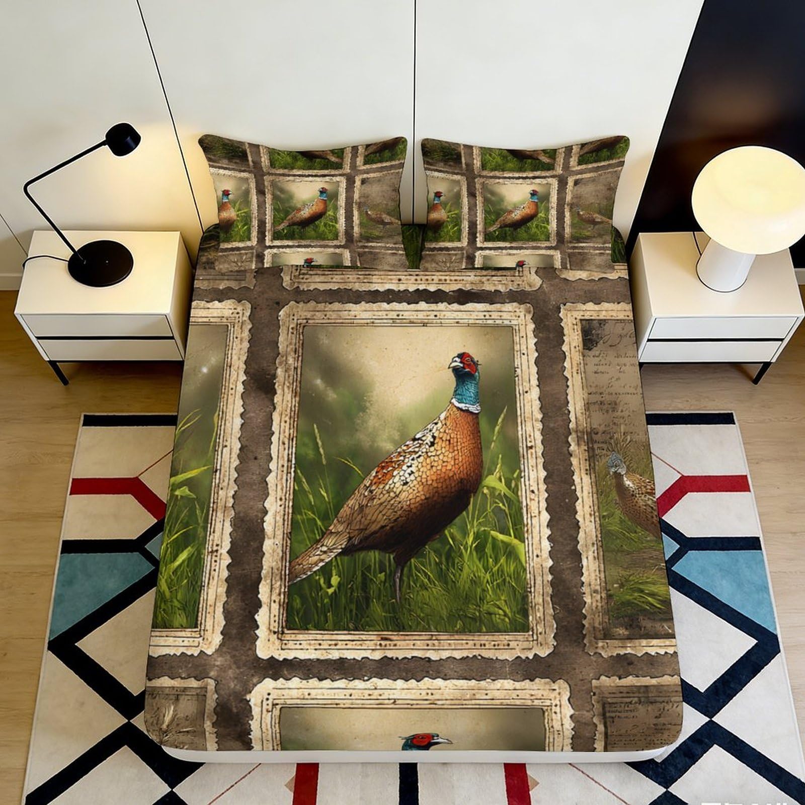 3D Printed Pheasant Nature Fitted Sheet Microfiber Brown Artistic Bird Bed Cover for Bedroom Guest Room Decor 140x200x25cm
