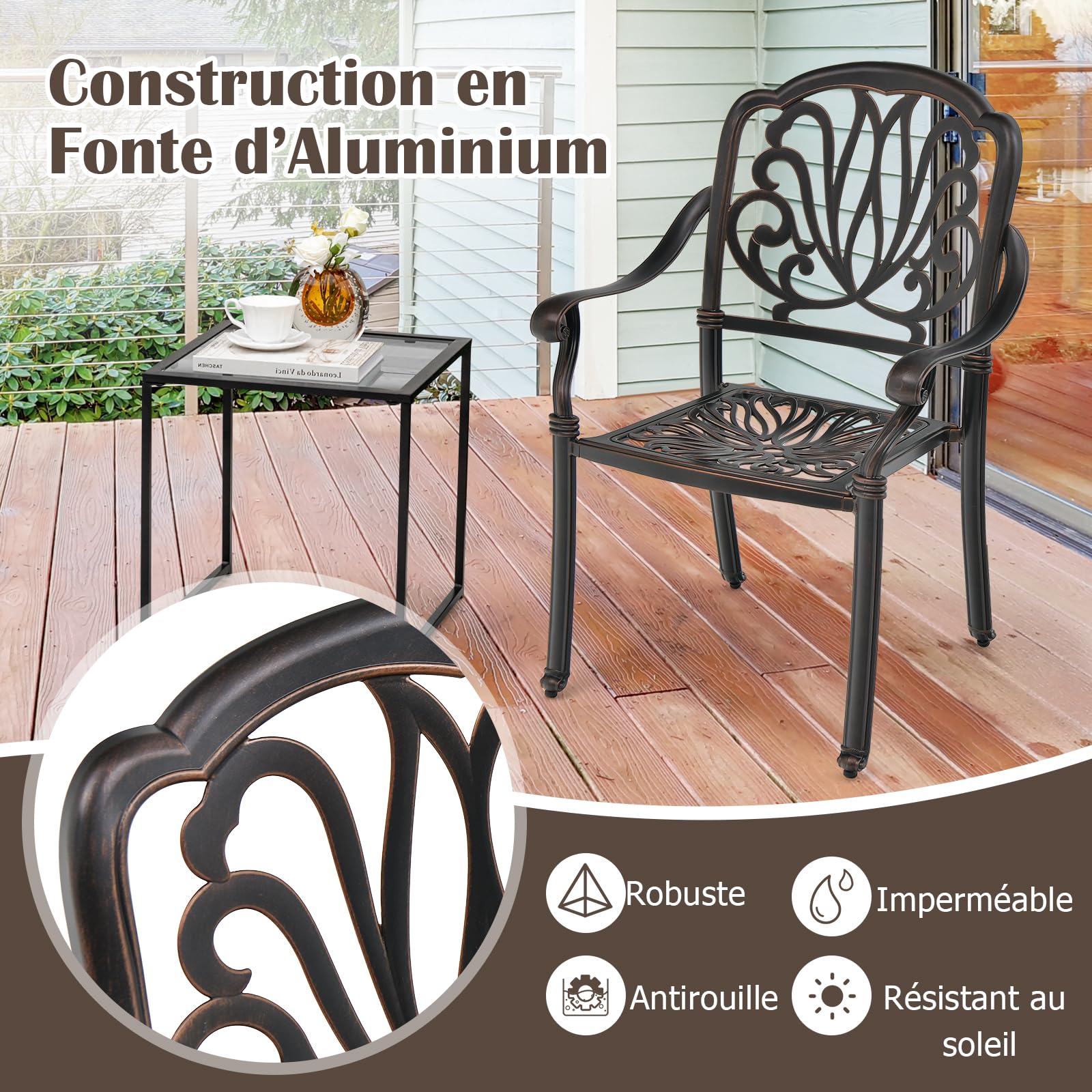 GOPLUS - Juego de 2 sillas de jardín al aire libre de aluminio, 66 x 62 x 93 cm, sillón de jardín de metal apilables con apoyabrazos, patines de pie ajustables, apto para terraza, patio, balcón y