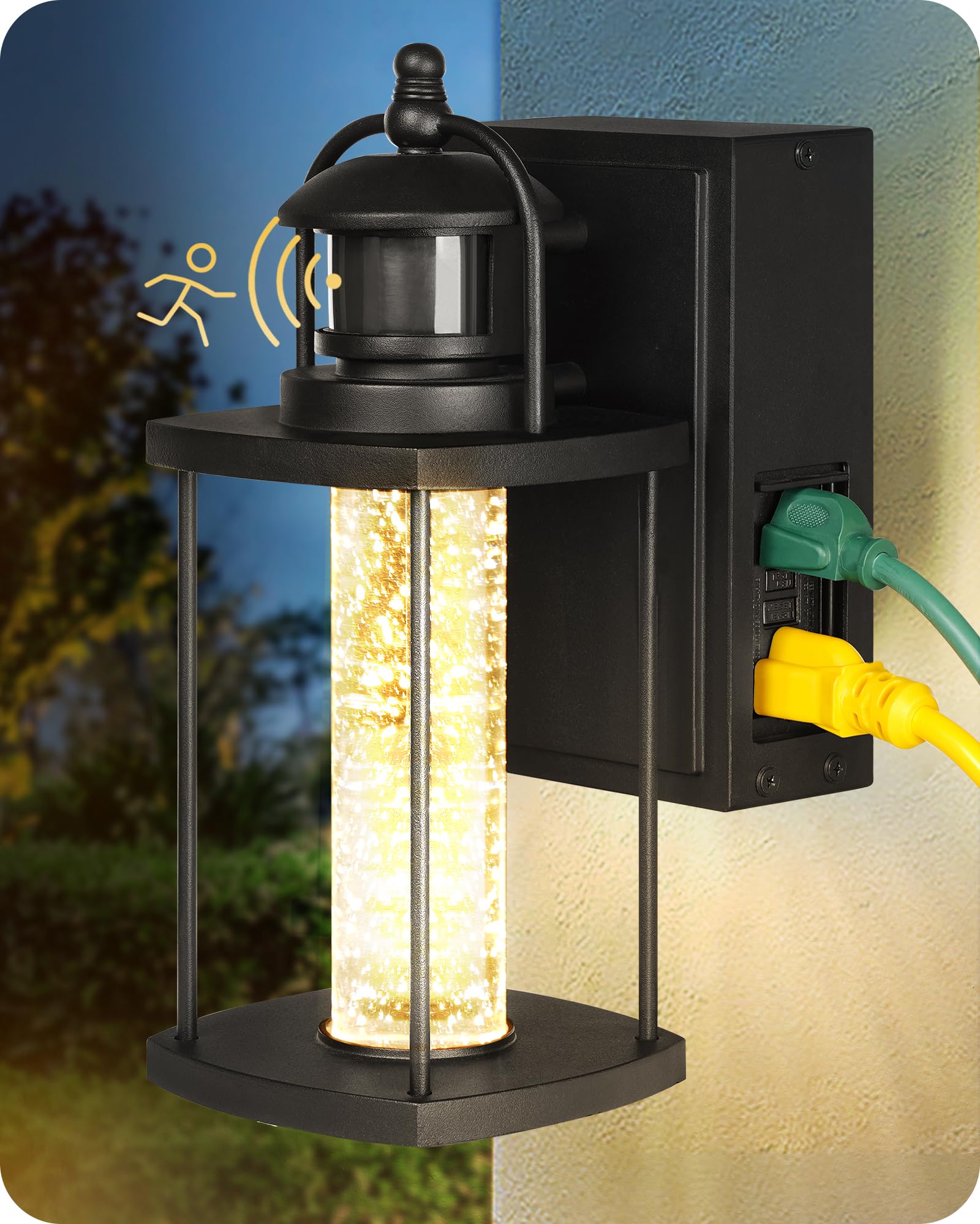 GOEBLESON Dusk to Dawn Outdoor Light with 2 GFCI Outlet, Motion Sensor Wall Light 11W LED Integrated Light, Porch Light with Crystal Column Bulb, 3 Lighting Modes 450LM 3000K, ETL Listed B08HB05