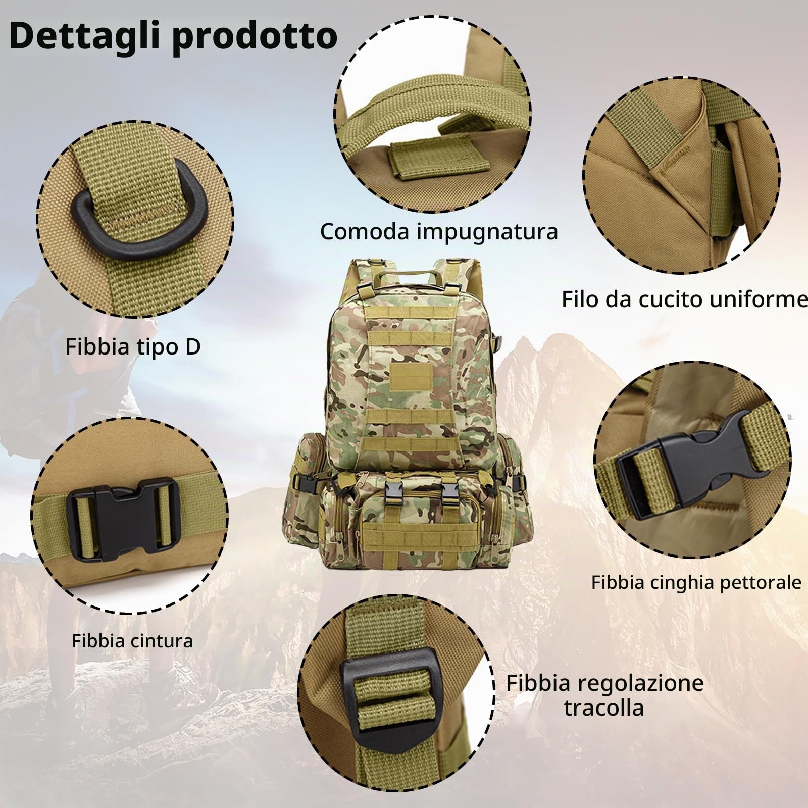 Zaino militare tattico 60L emergenza esterno impermeabile per escursioni campeggio alpinismo