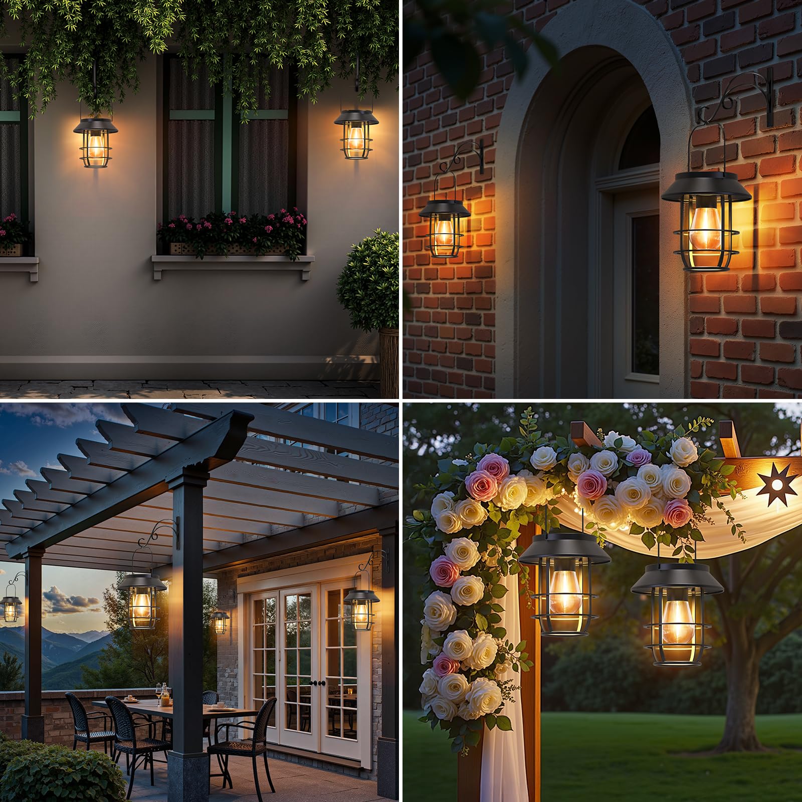 Lot de 2 lanternes solaires d'extérieur étanches à haute luminosité à suspendre avec crochets muraux, décoration d'Halloween, lanternes d'extérieur rétro en métal, marche/arrêt automatique pour