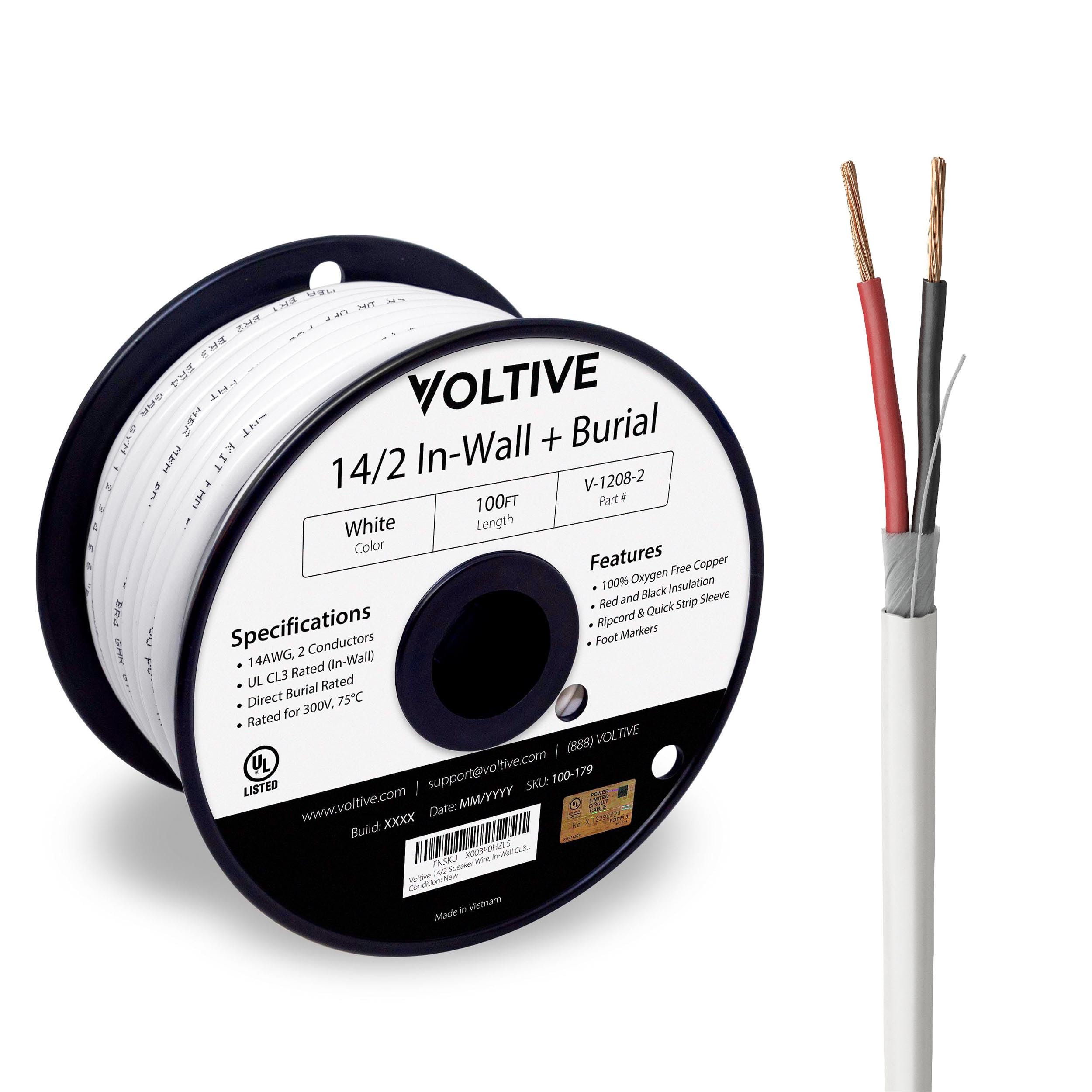 Voltive 14/2 Speaker Wire, in-Wall CL3 & Direct Burial, White, 100ft - 14AWG, 2 Conductors, Stranded Oxygen-Free Copper, UL Listed - V-1208-2